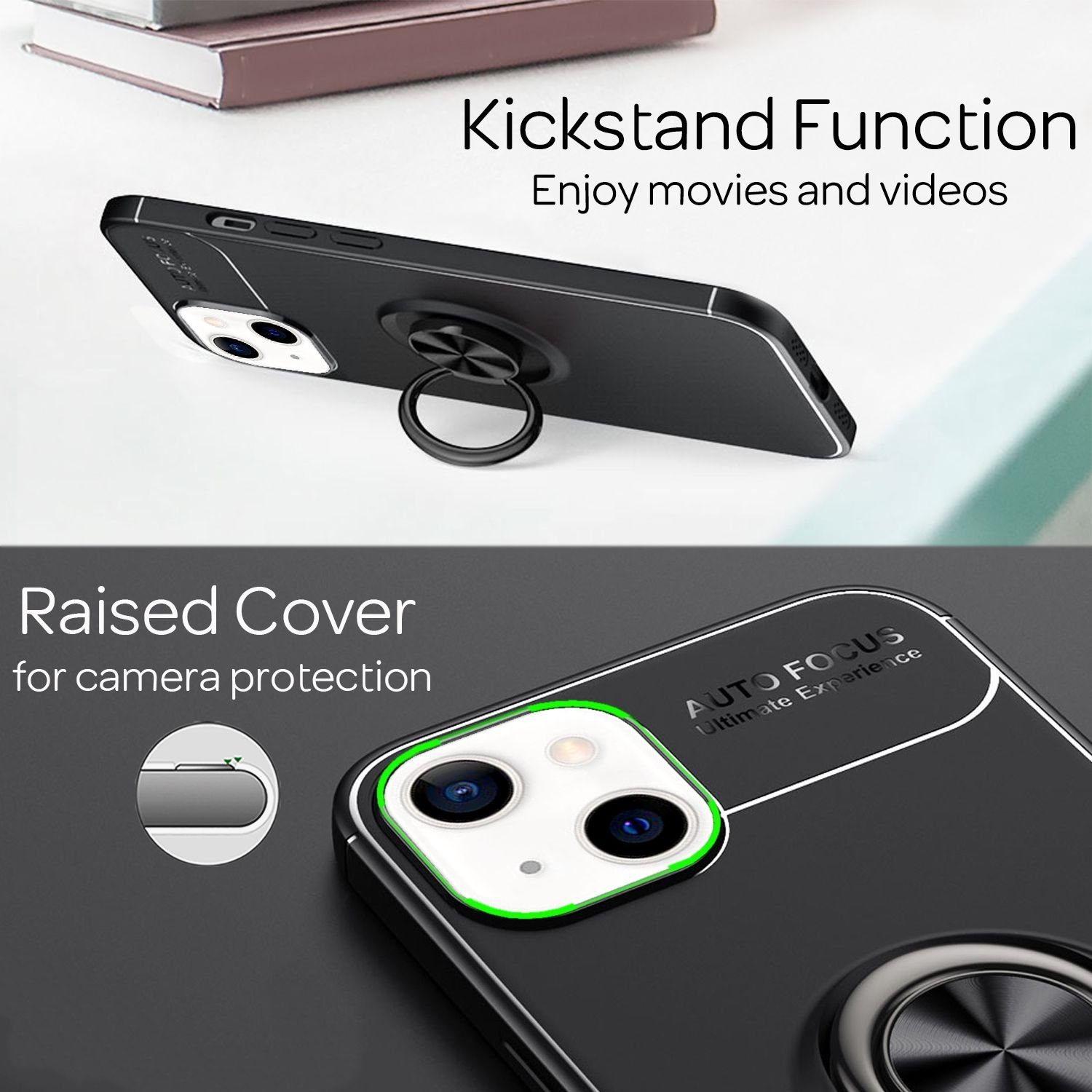 Nalia Smartphone-Hülle Apple iPhone 13 15,5 cm (6,1 Zoll), Matte Ring Silikon Hülle / 360 Grad Ring / Standfunktion / Rutschfest