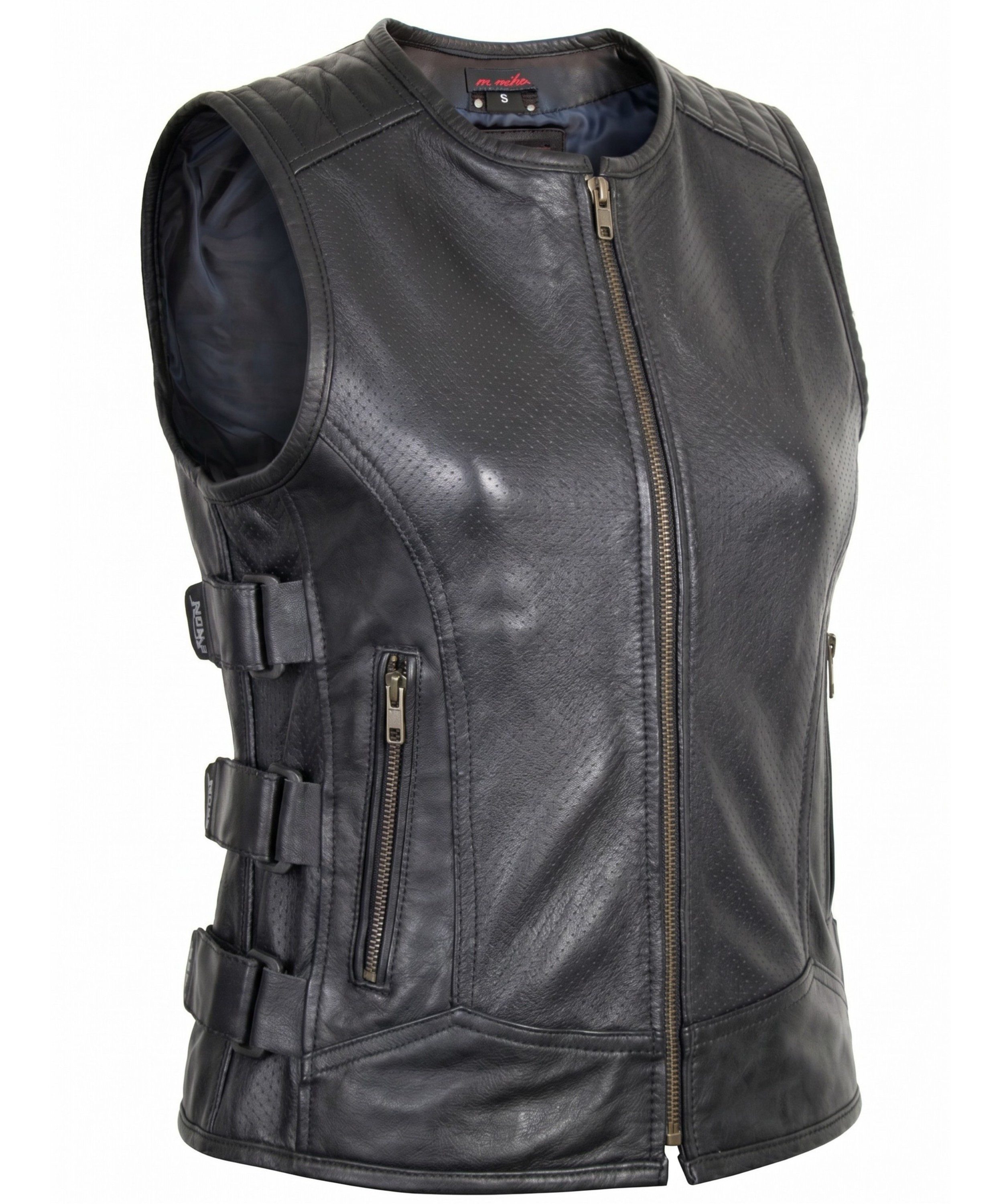 MDM Lederweste Damen Biker Lederweste Custom Kutte aus echtem Rindsleder perforiert gesteppten Schultern und seitlichen Klettverschlüssen