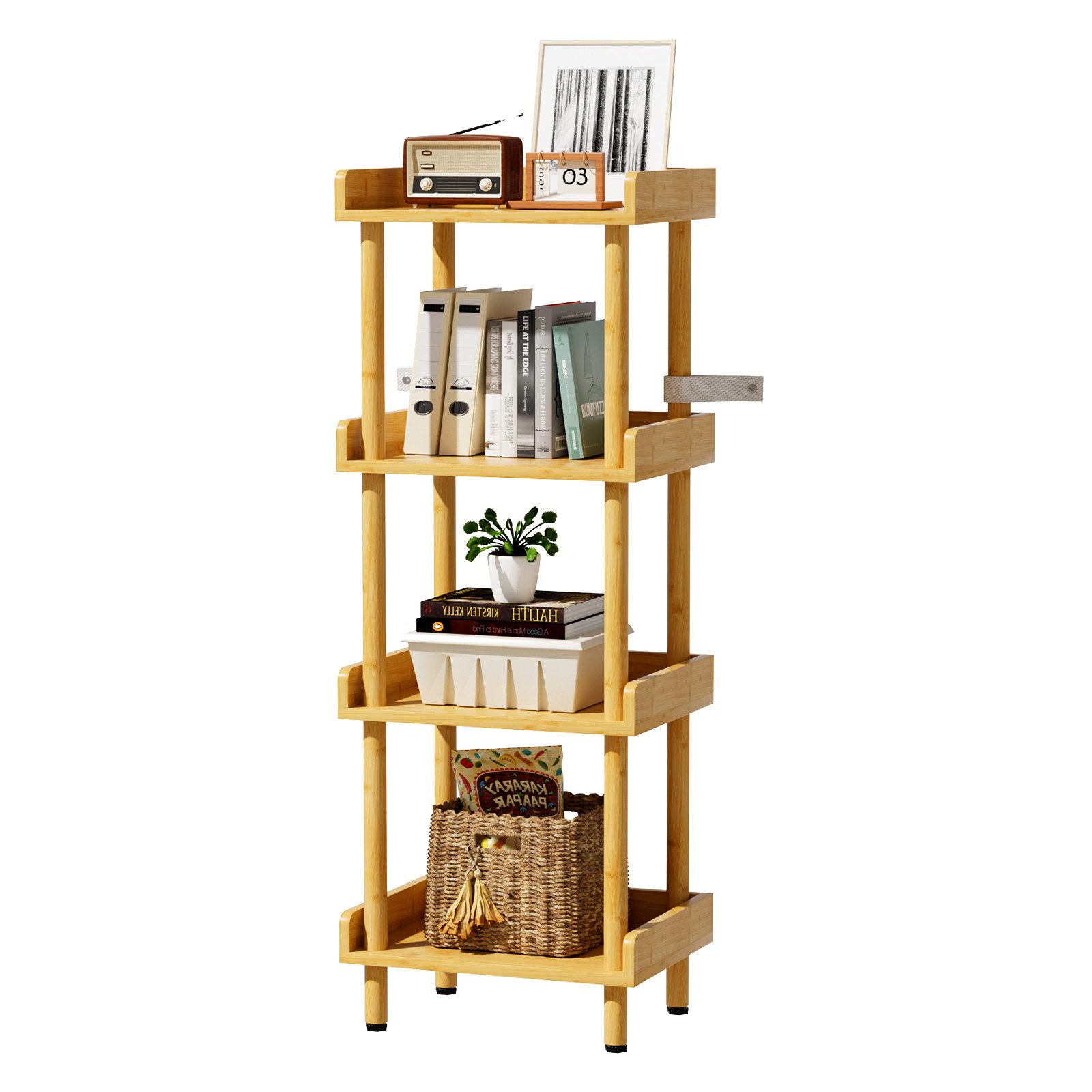 Yorbay Ablageregal Bambusregal 4 Ebenen Werkzeuglose Montage Stabil 80 kg Belastbar, Set, 40x30x110cm Natürliches Design für Wohnzimmer Küchen und Badezimmer