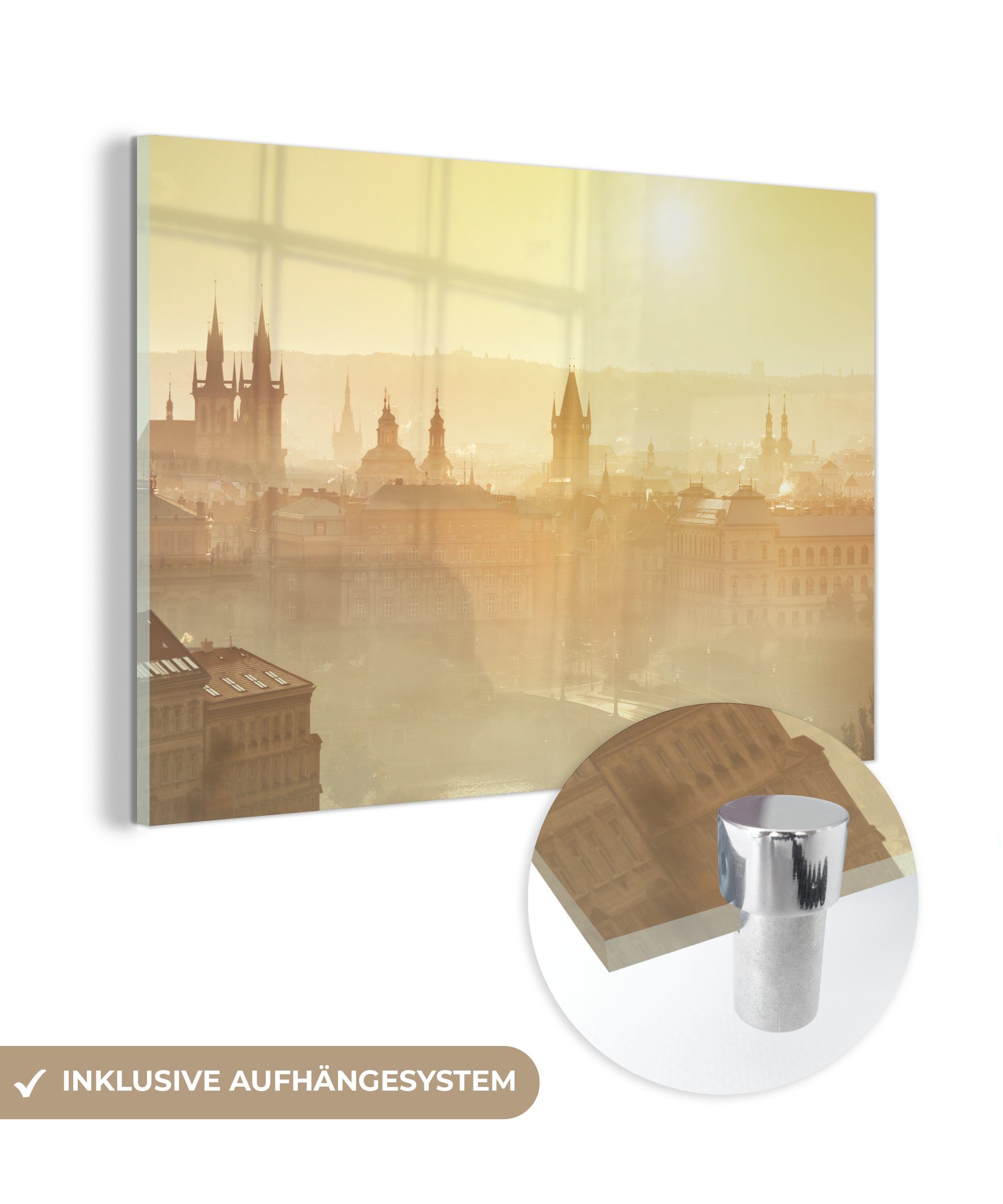 MuchoWow Acrylglasbild Sonnenaufgang im nebligen Prag, (1 St), Acrylglasbilder Wohnzimmer & Schlafzimmer