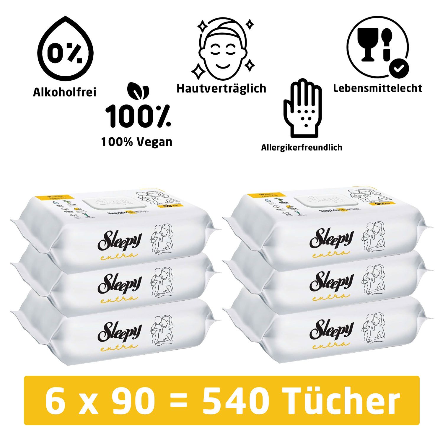 Sleepy Extra Feuchttücher 540x Tücher Bambusfasern mit Zitrone Babytücher Reinigungstücher (540-tlg)