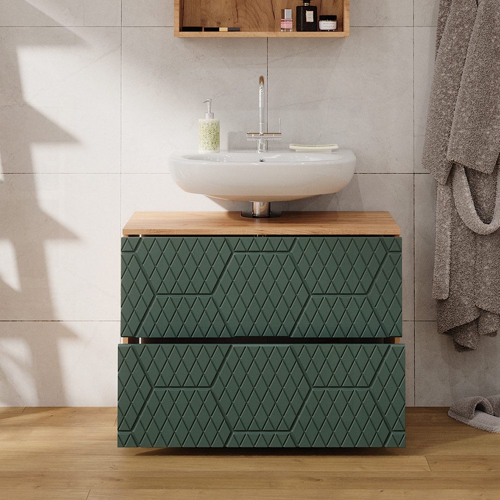 Vicco Waschbeckenunterschrank Irma, Goldkraft Eiche/Grün, 80 cm mit 2 Schubladen