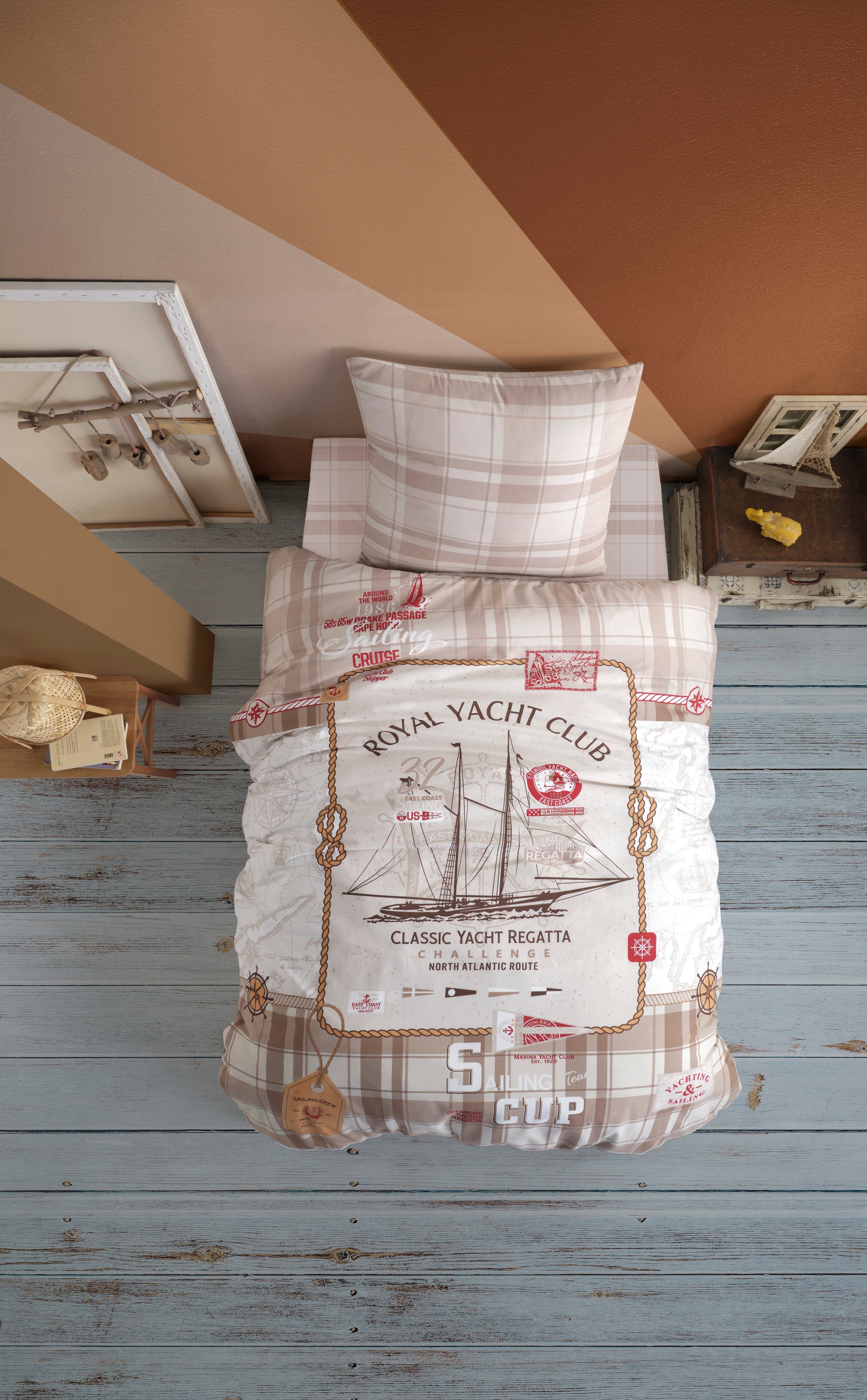 yadetextil Bettwäsche Kinder Bettwäsche 135x200 cm. 2 teilig set, Rapala, Renforce, 2 teilig, beige,segelschiff gemustert, 100% Baumwolle