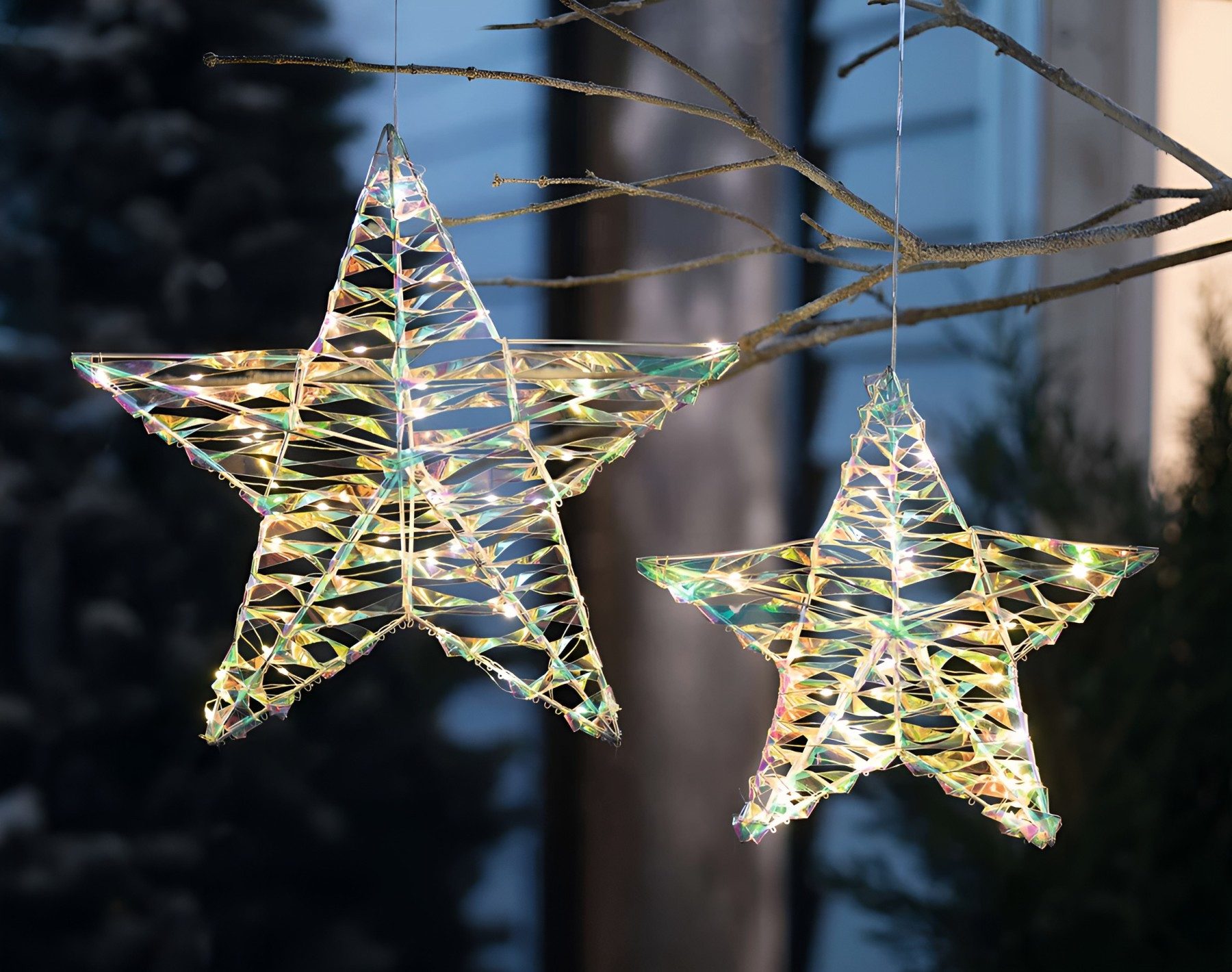 Dekoleidenschaft LED Stern "Rainbow" Dekohänger, Outdoor Beleuchtung, Leuchtdeko, Hängedeko, LED fest integriert, 2 Stück im Set, Ø 30 + 40 cm, 70 warmweiße Lichter, Weihnachtsbeleuchtung, Gartendeko