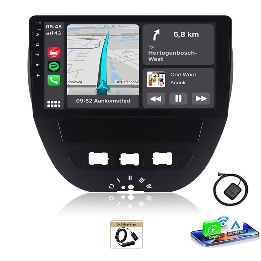 A-Sure Carplay WIFI Android 15 Carplay Für Toyota Aygo Peugeot 107 Citroen C1 Autoradio (Digitalradio (DAB), Apple Carplay, FM, RDS, DSP)