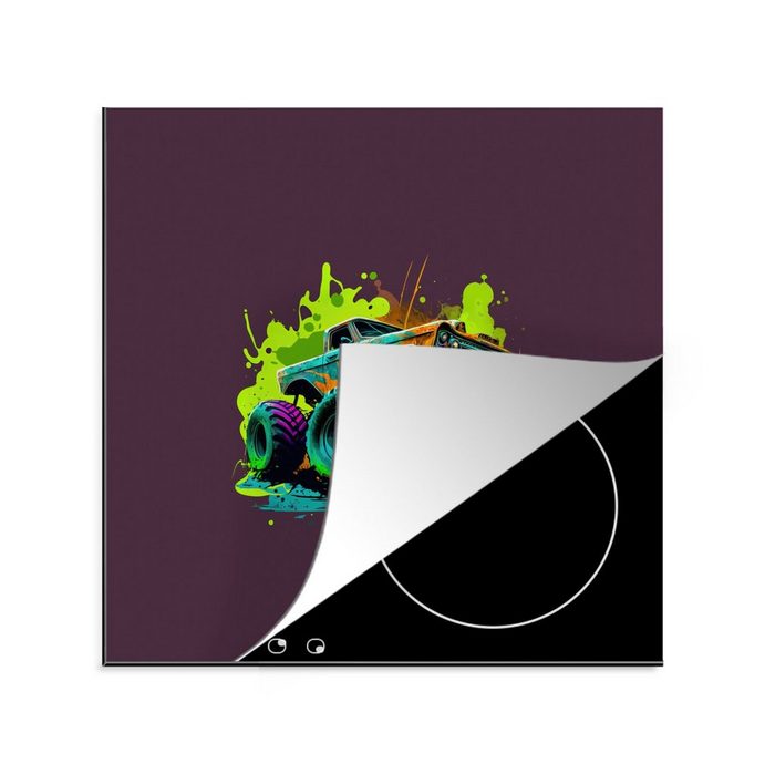 MuchoWow Herdblende-/Abdeckplatte Monstertruck - Grün - Neon - Auto - Design Vinyl (1 tlg) Ceranfeldabdeckung Arbeitsplatte für küche
