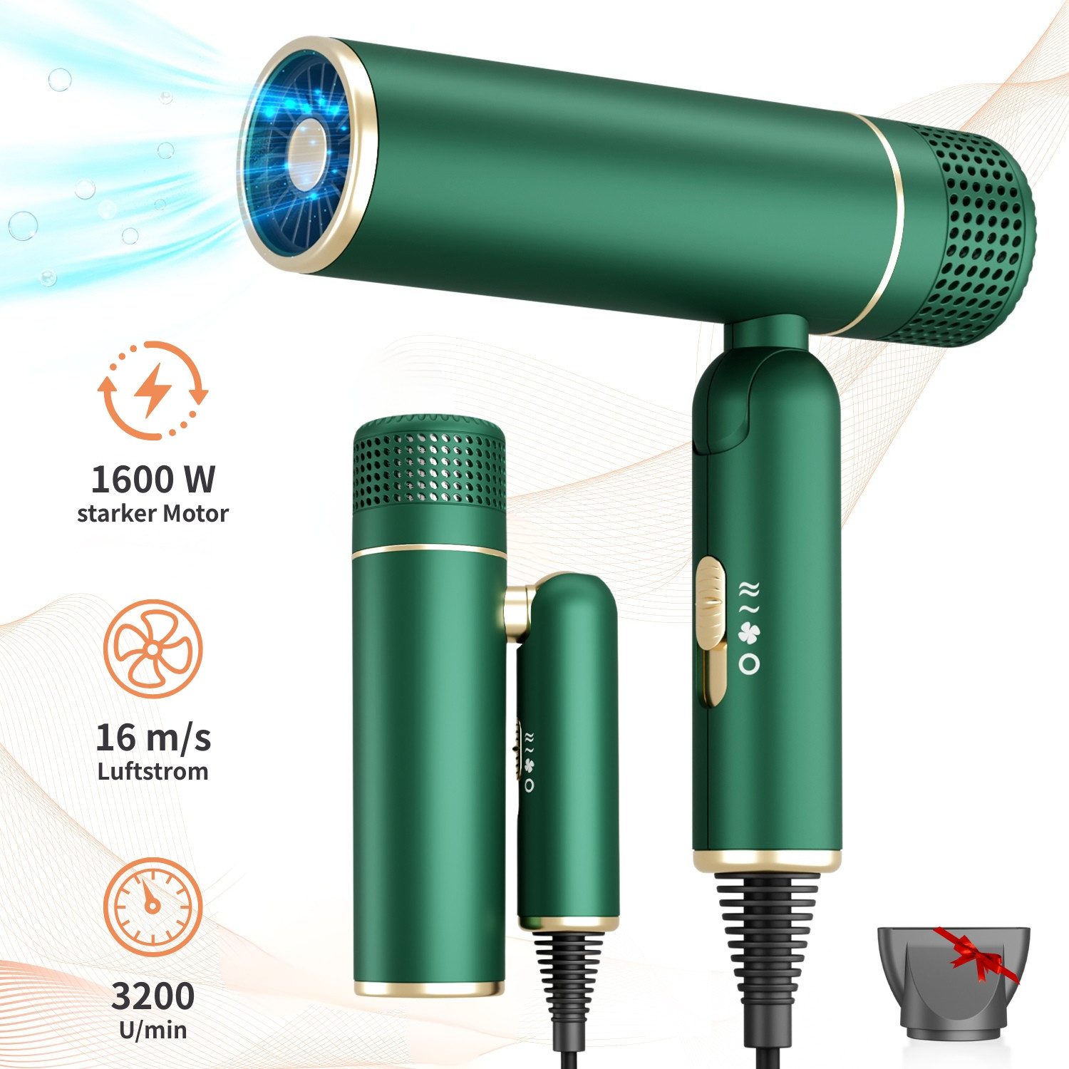 7MAGIC Фены Leicht & Kompakt Faltbarer Фены, 1600,00 W, Reisehaartrockner, 2 Geschwindigkeitsstufen, 3 Temperatur-Modi mit Stylingdüse