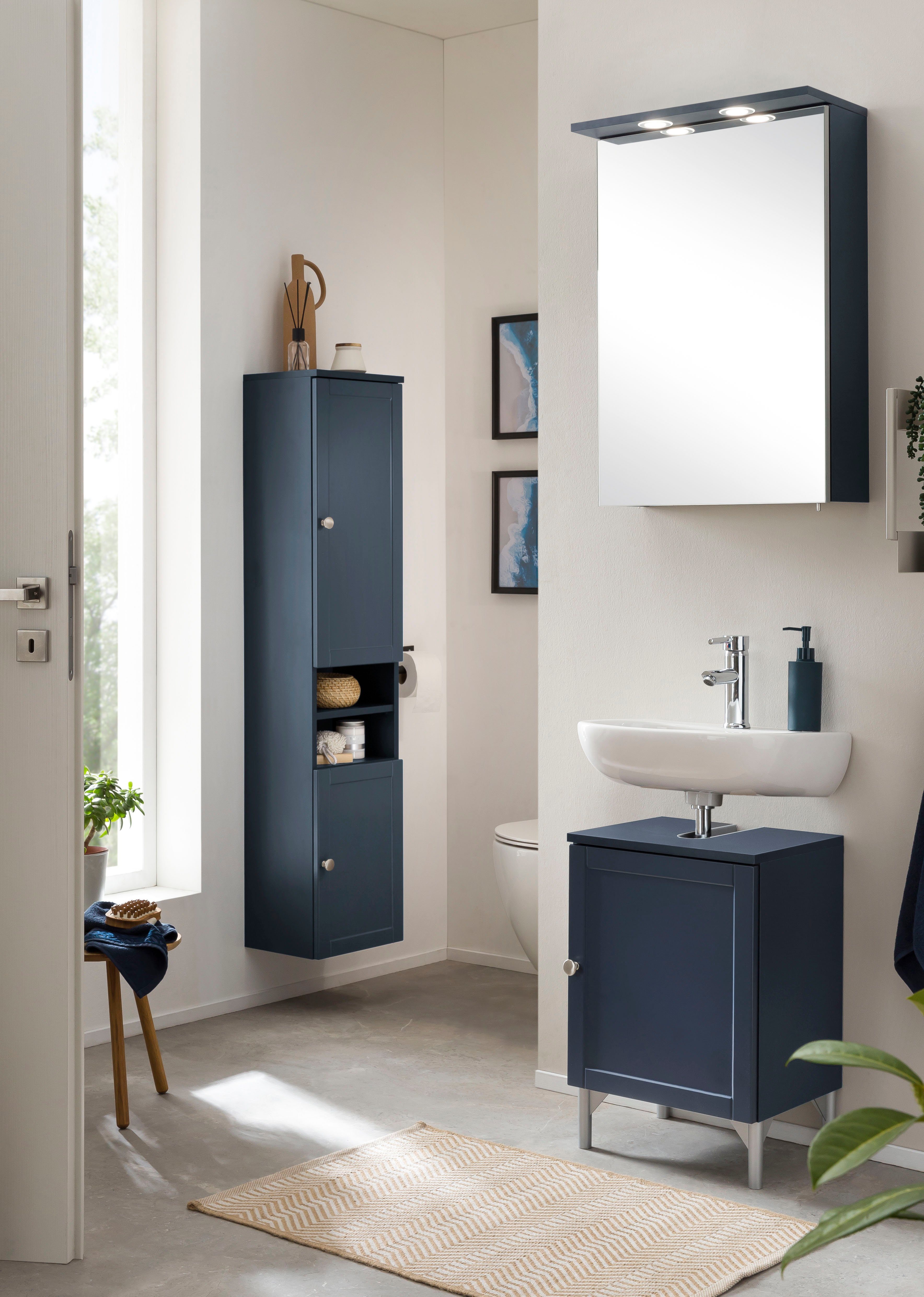 Schildmeyer Waschbeckenunterschrank Landhausoptik, Tür und Beschläge Breite | 40,3 nachtblau cm in Griff aus Jesper Metall nachtblau