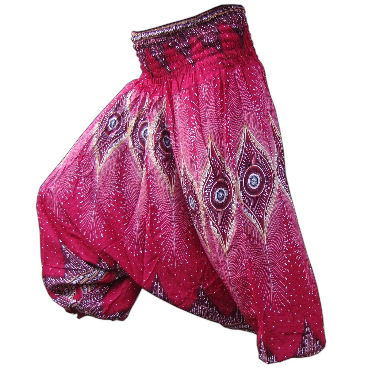 PANASIAM Relaxhose Aladinhose Pfauenauge Haremshose aus 100% natürlicher Viskose Pumphose für Damen bequeme Freizeithose Pluderhose Rot