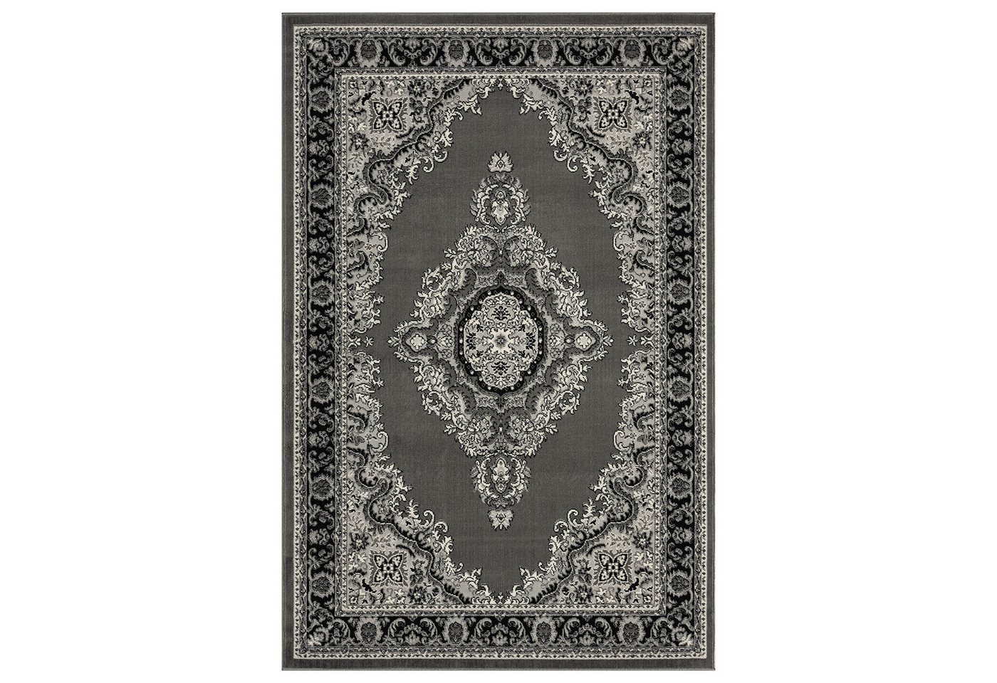 Vimoda Orientteppich Kurzflor Ornamentaler Wohnzimmerteppich, rund, Höhe: 6 mm, orientalischer klassisch Läufer, mit Bordüre, in Grau
