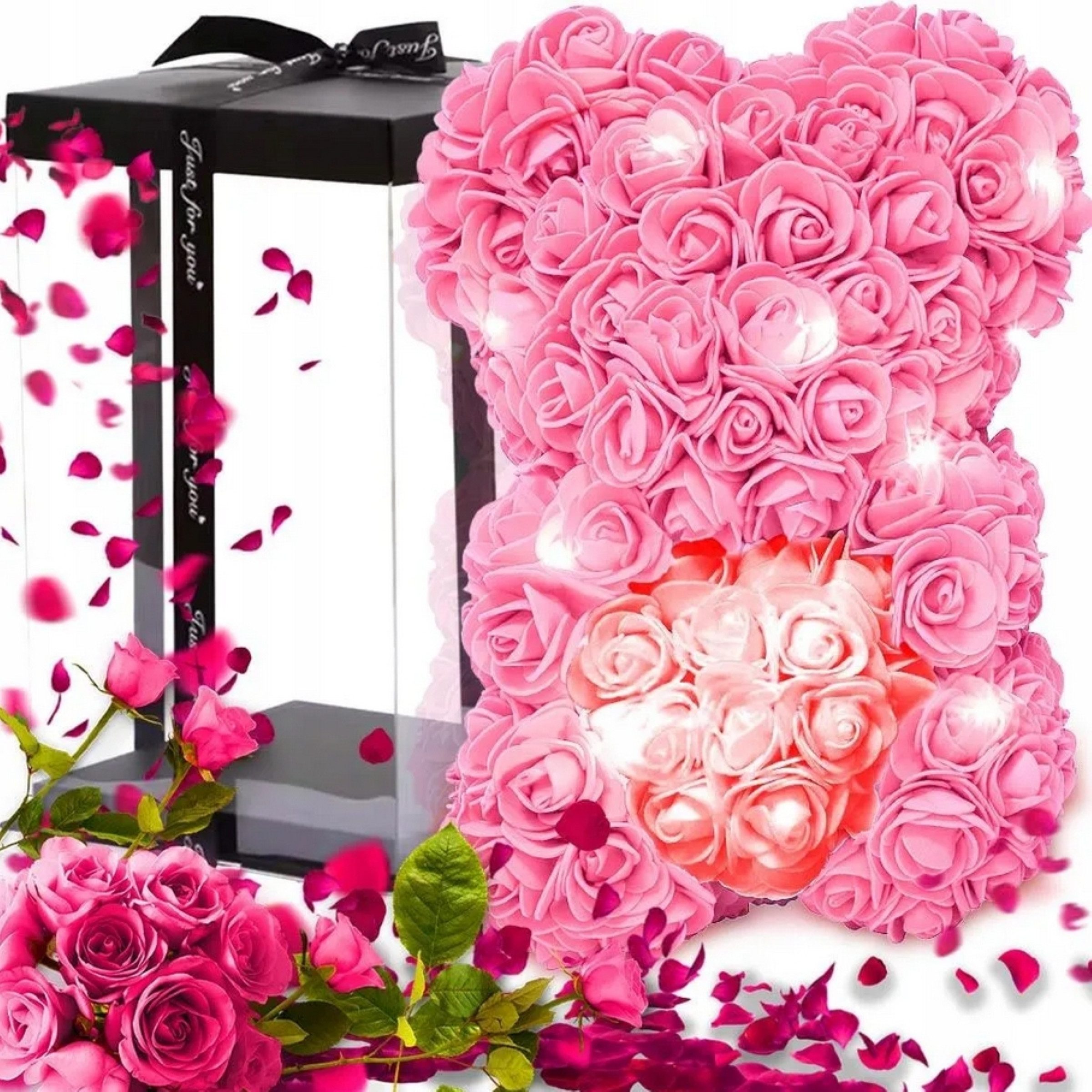 AMORE MIO LED Dekoobjekt Rosenbär mit Herz 25 cm Teddy aus Rosen Geschenkbox Valentinstag Deko, LED fest integriert, Rosenoptik Herzmotiv LED Beleuchtung dekorativ Geschenkfertig
