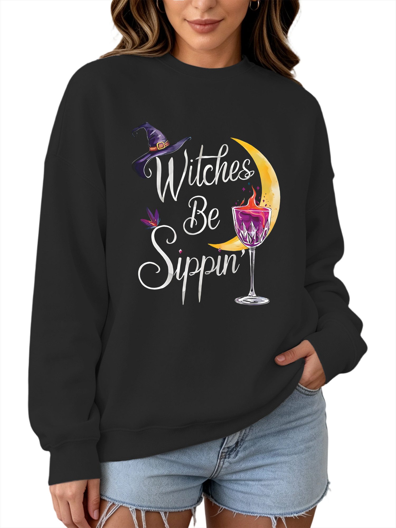 PYLIKE Rundhalspullover Damen Rundhals Sweatshirt mit Halloween Print & Flauschfutter Halloween Special Feiertag tragen