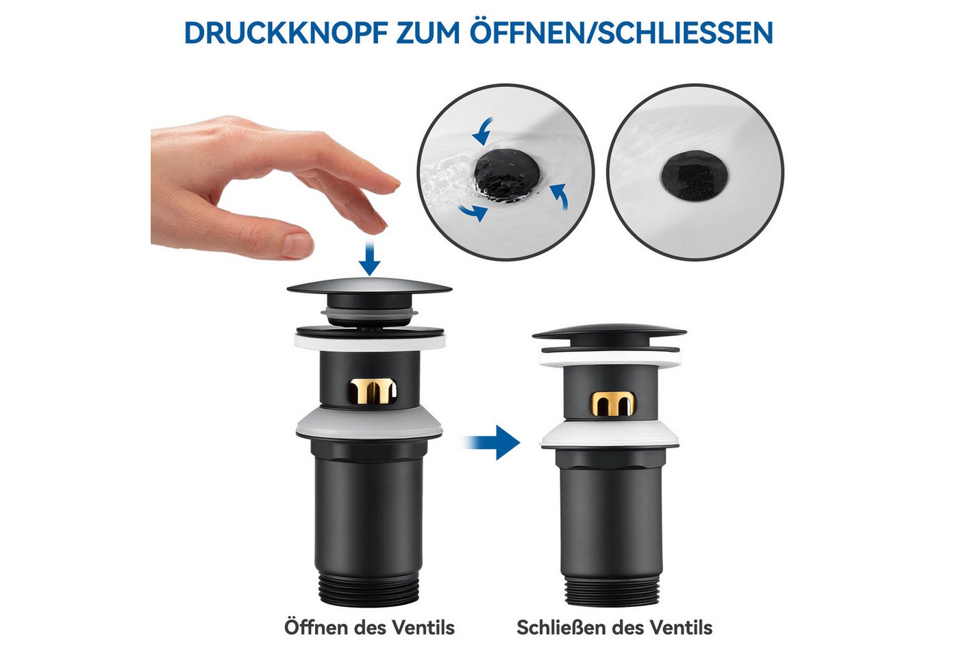 Thumbnail - Auralum Max Ablaufventil POP UP Ablaufgarnitur für Waschbecken mit Überlauf und Siebkörbchen, 1 1/4 Zoll - Universal Abl...