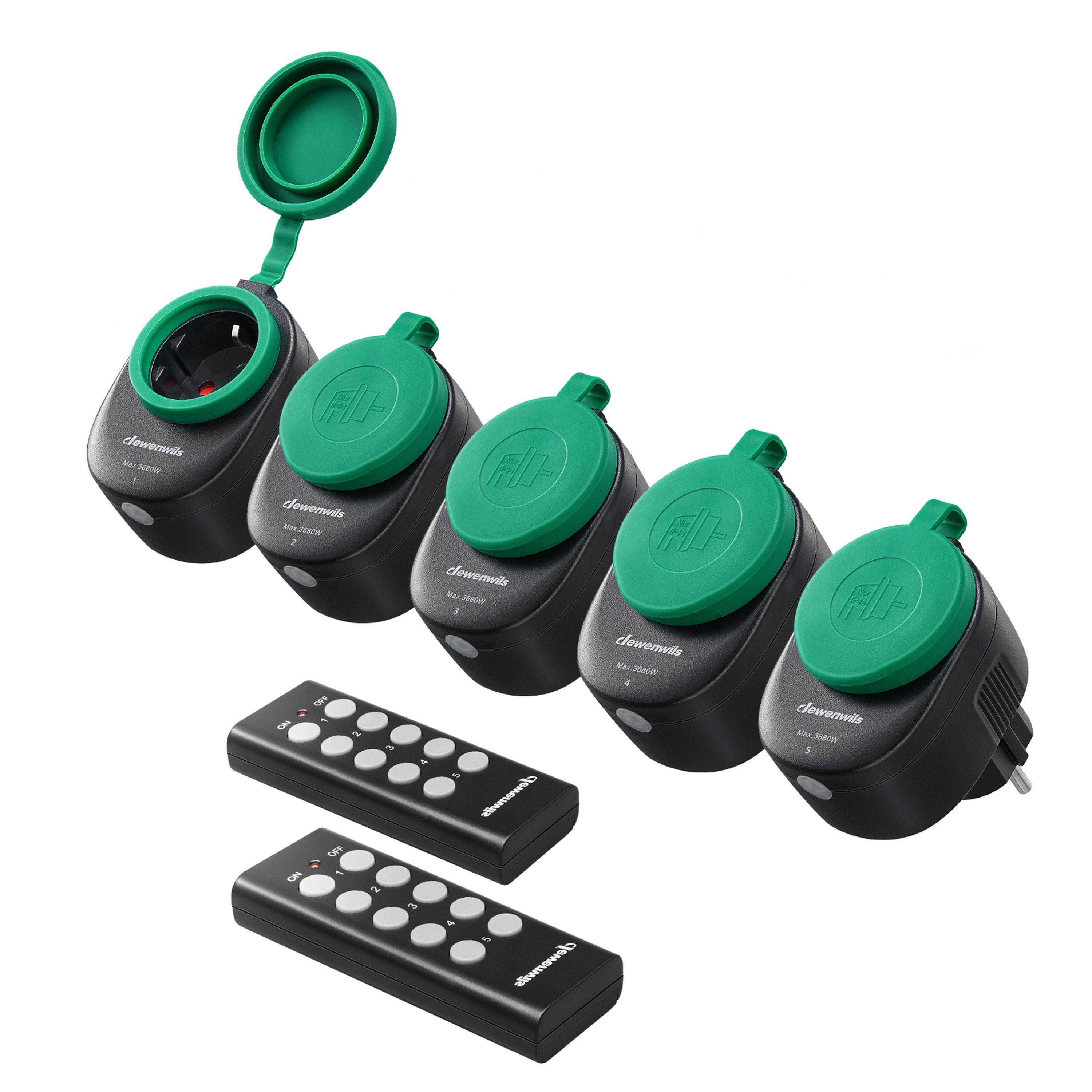 DEWENWILS Funksteckdose mit Fernbedienung, Außen, max. 3680 W, 5-St., Funkstecker für Feiertagsdeko, 30 M Reichweite