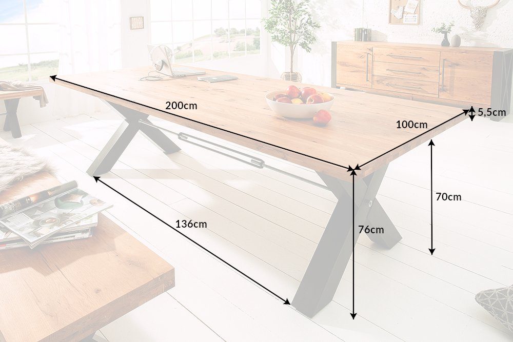 Eiche Metall (Einzelartikel, riess-ambiente · · grau natur X-Gestell · · / THOR Industrial Massivholz 200cm Esstisch 1-St),