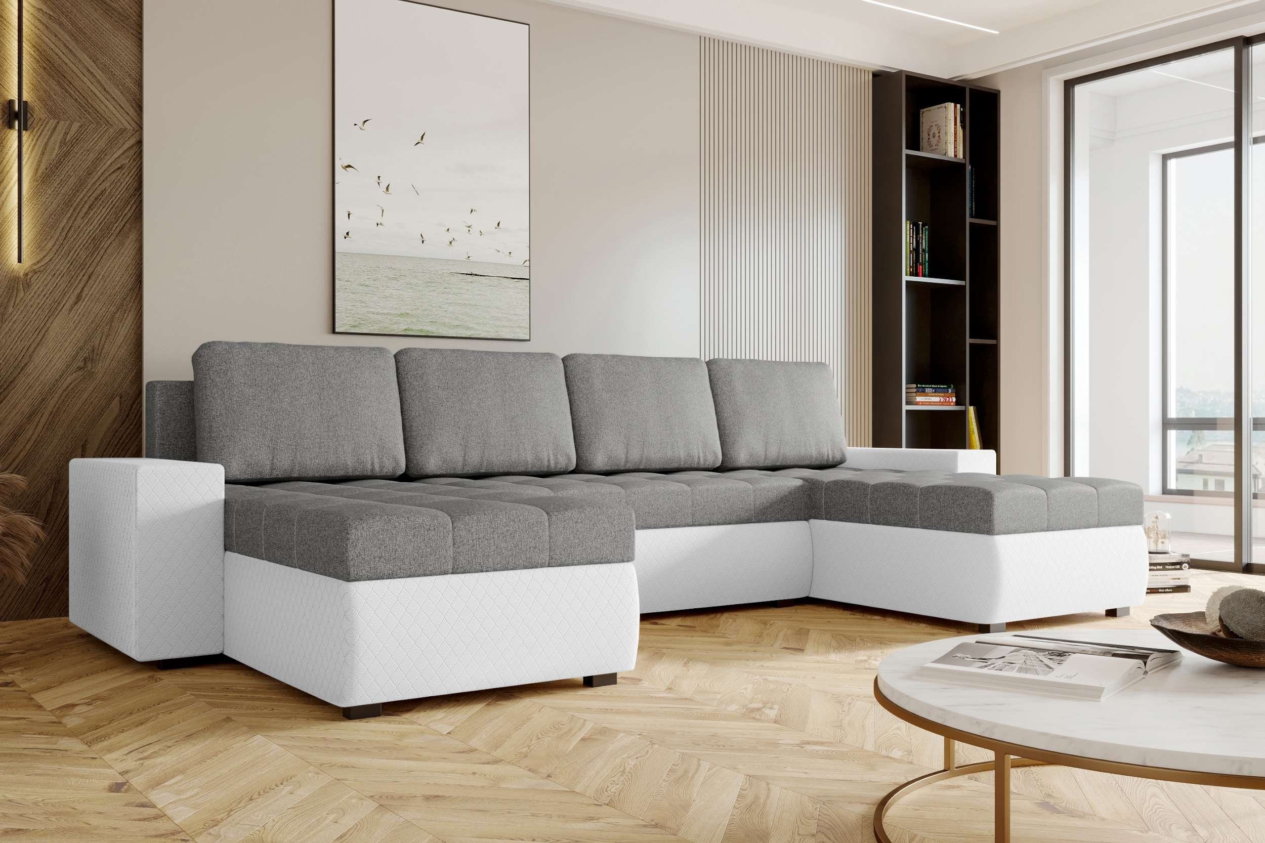 Modern Amelia, Stylefy mit U-Form, mit Design Sofa, Eckcouch, Wohnlandschaft Sitzkomfort, Bettfunktion, Bettkasten,