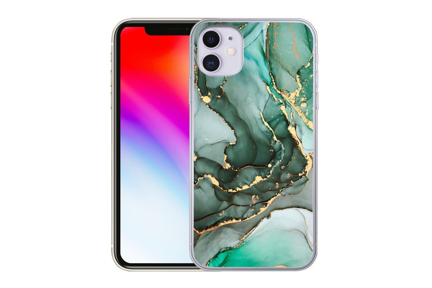 MuchoWow Handyhülle für Apple iPhone 11 Gold - Marmor - Grün - Luxus - Marmoroptik - Grau, Smartphone-Bumper, Print, Handy Schutzhülle Dünn