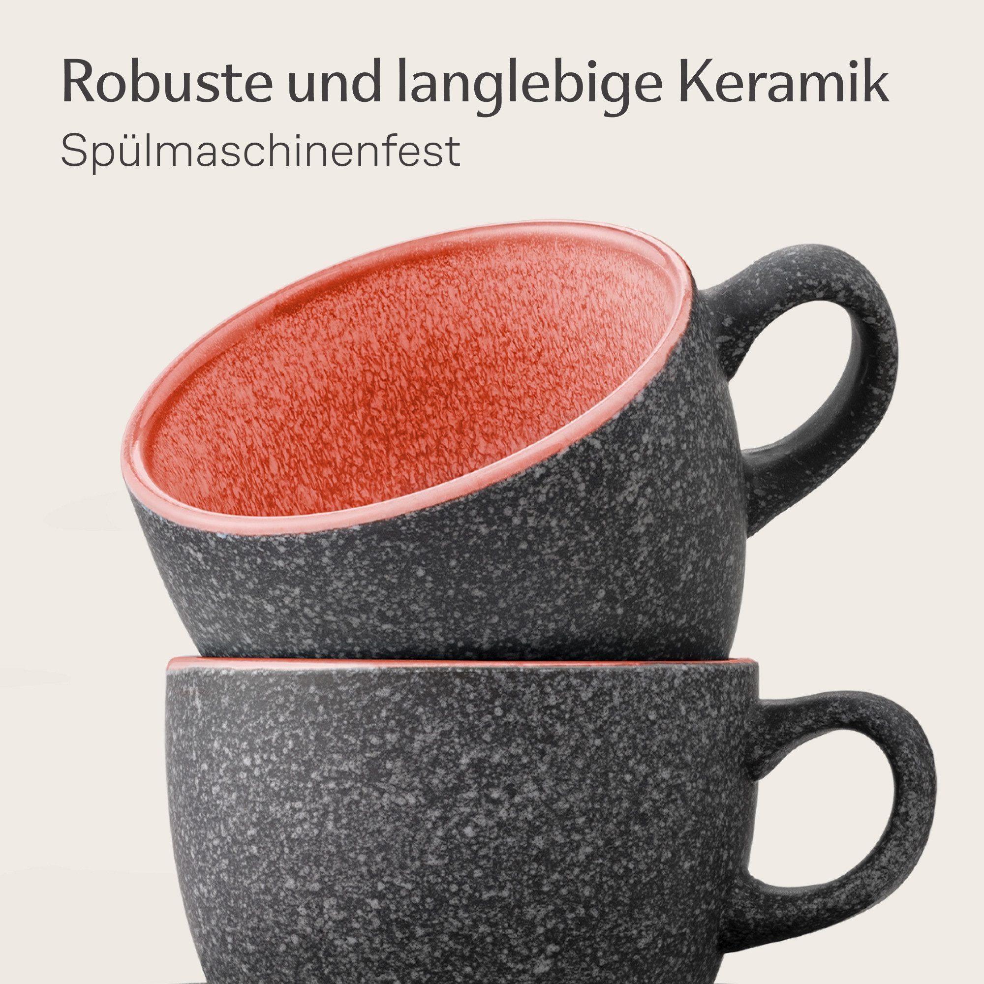 Cosumy Cappuccinotasse Espressotassen mit Untertassen 4er Set - 90 ml Keramik rot, 8-tlg., Keramik, Warm – Bild 5 von 5
