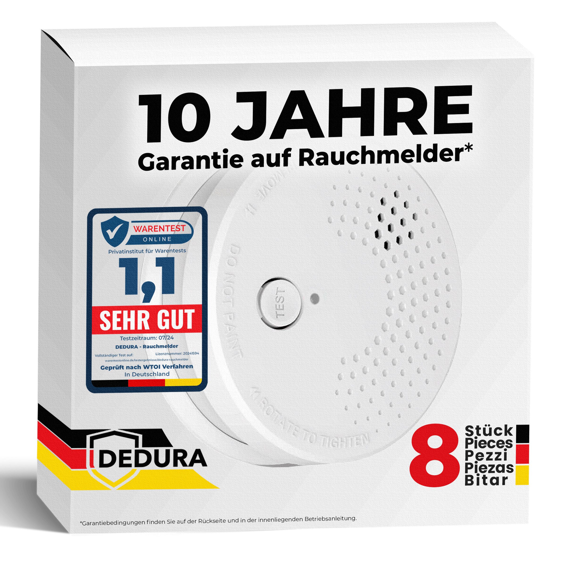 dedura Rauchmelder (10 Jahre Garantie BSI Zertifiziert nach DIN EN14604 inkl. 9V Batterie)