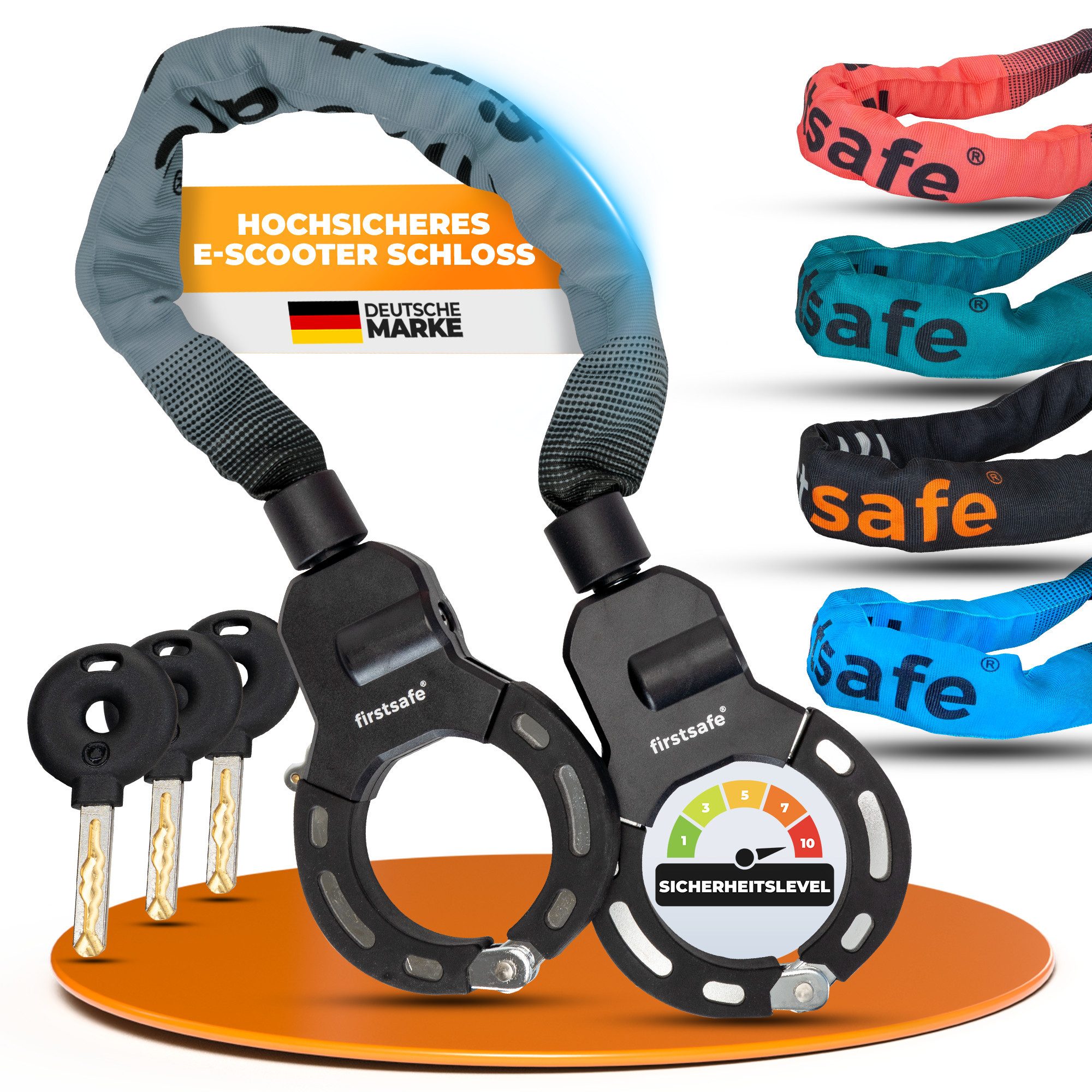 firstsafe Kettenschloss Handschellenschloss für E Scooter Schloss und Fahrrad 90 cm, 360° drehbar, Silikonbeschichtung, 8 mm Stahlkette