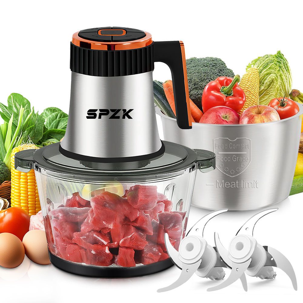 SPZK Zerkleinerer Elektrischer Zerkleinerer mit Glas‑ & Edelstahlschüssel Doppelbehälter, 300 W, für Hackfleisch, Obst, Gemüse und Baby‑Beikost, Schwarz