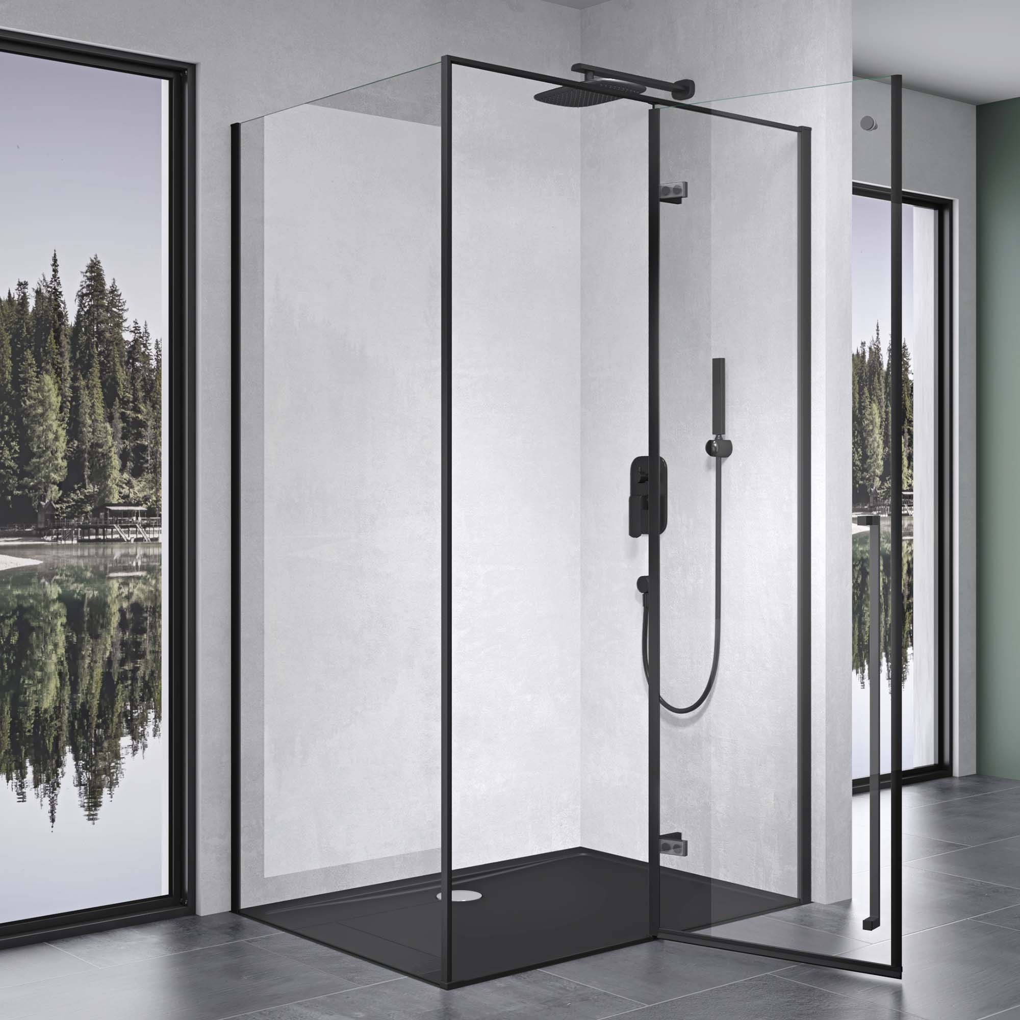 Mai & Mai Eckdusche Duschkabine Duschabtrennung Schwarz 6mm ESG in Klarglas H: 195cm R64K, BxT: 100x75 cm, Einscheibensicherheitsglas, ebenerdiger Einbau möglich