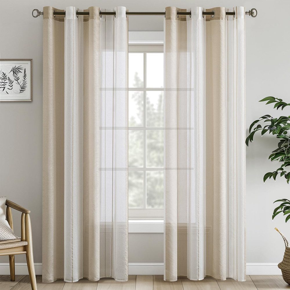 HoyoLee Gardine Vorhänge mit Ösen Streifen, 2er Set Halbtransparent Voile Gardinen (2 St), Moderner Wohnstil für Dekoration Kinderzimmer Wohnzimmer Schlafzimmer