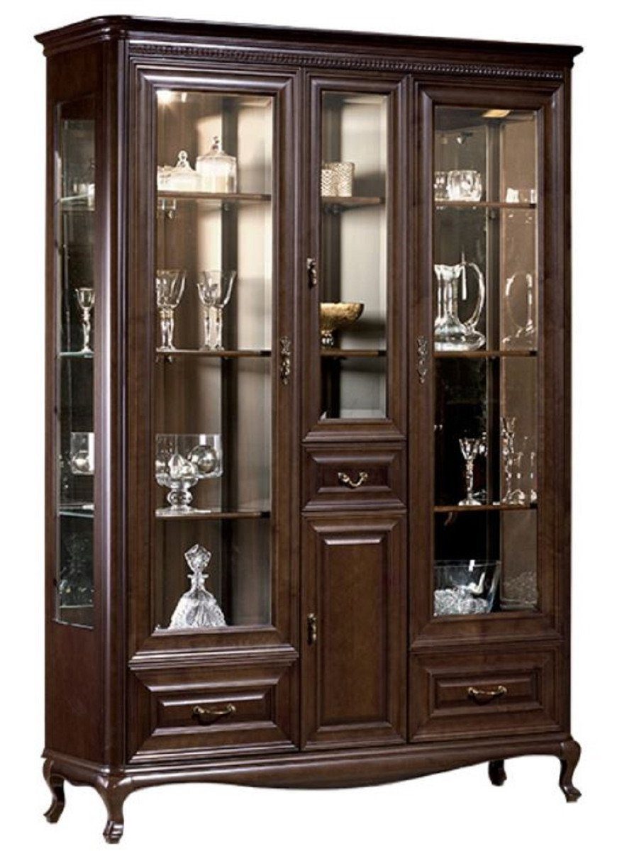 Casa Padrino Vitrine Luxus Jugendstil Vitrinenschrank Dunkelbraun 149,5 x 46,1 x H. 206,6 cm - Beleuchteter Wohnzimmerschrank mit 4 Türen und 4 Schubladen - Wohnzimmermöbel