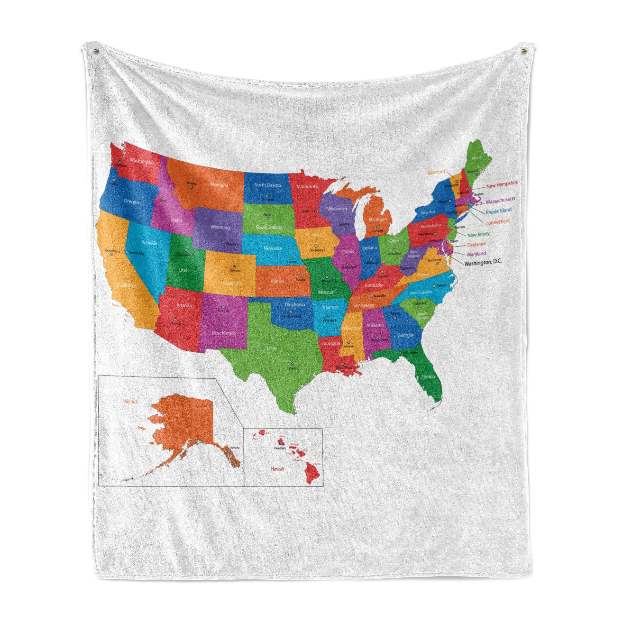 Wohndecke Gemütlicher Plüsch für den Innen- und Außenbereich, Abakuhaus, Bunt USA Karte mit den Staaten