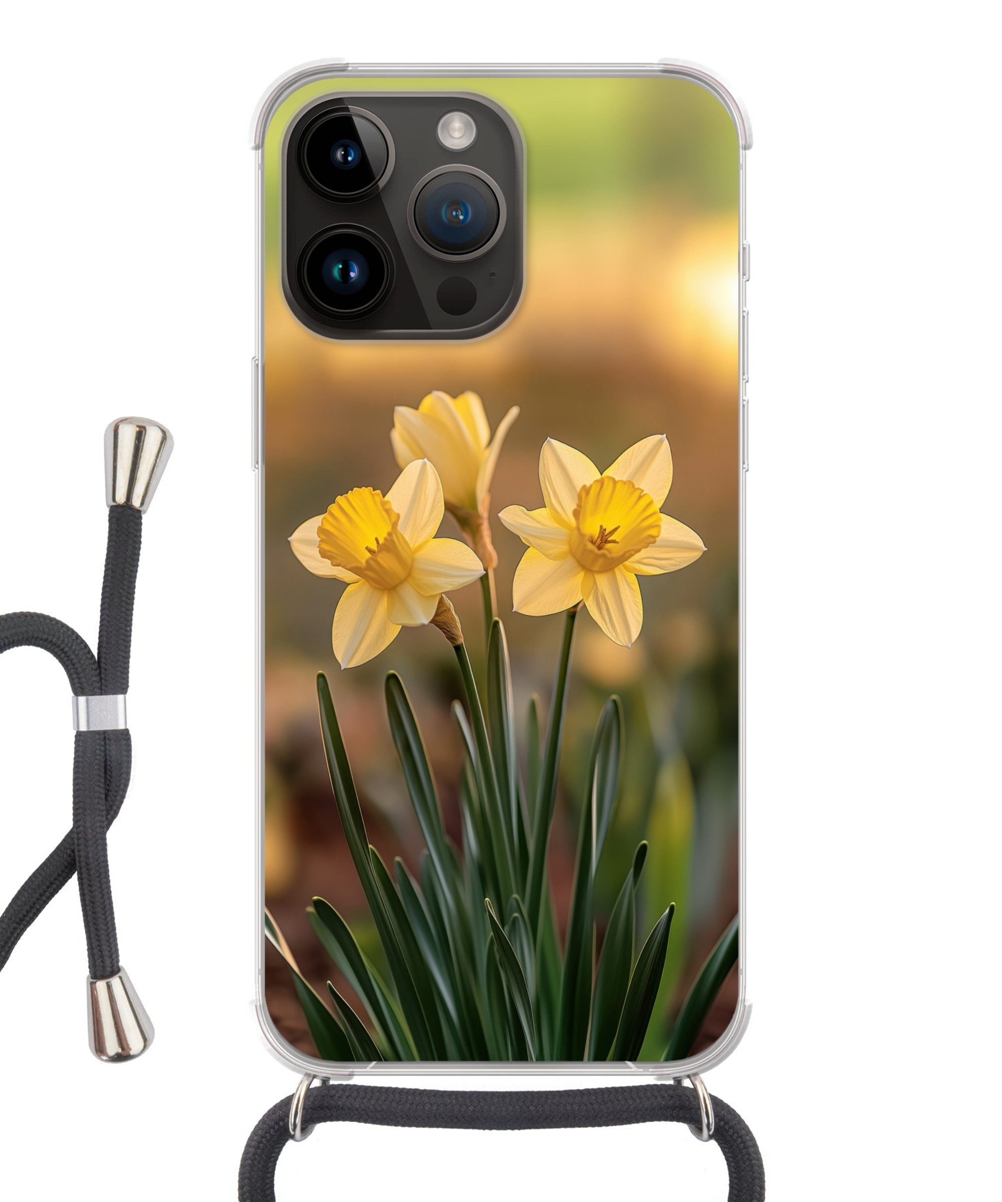 MuchoWow Handyhülle für Apple iPhone 14 Pro Blumen - Gelb - Unscharf, Tragbare Handyhüllen mit Kette zum umhängen, Handykette Handyband