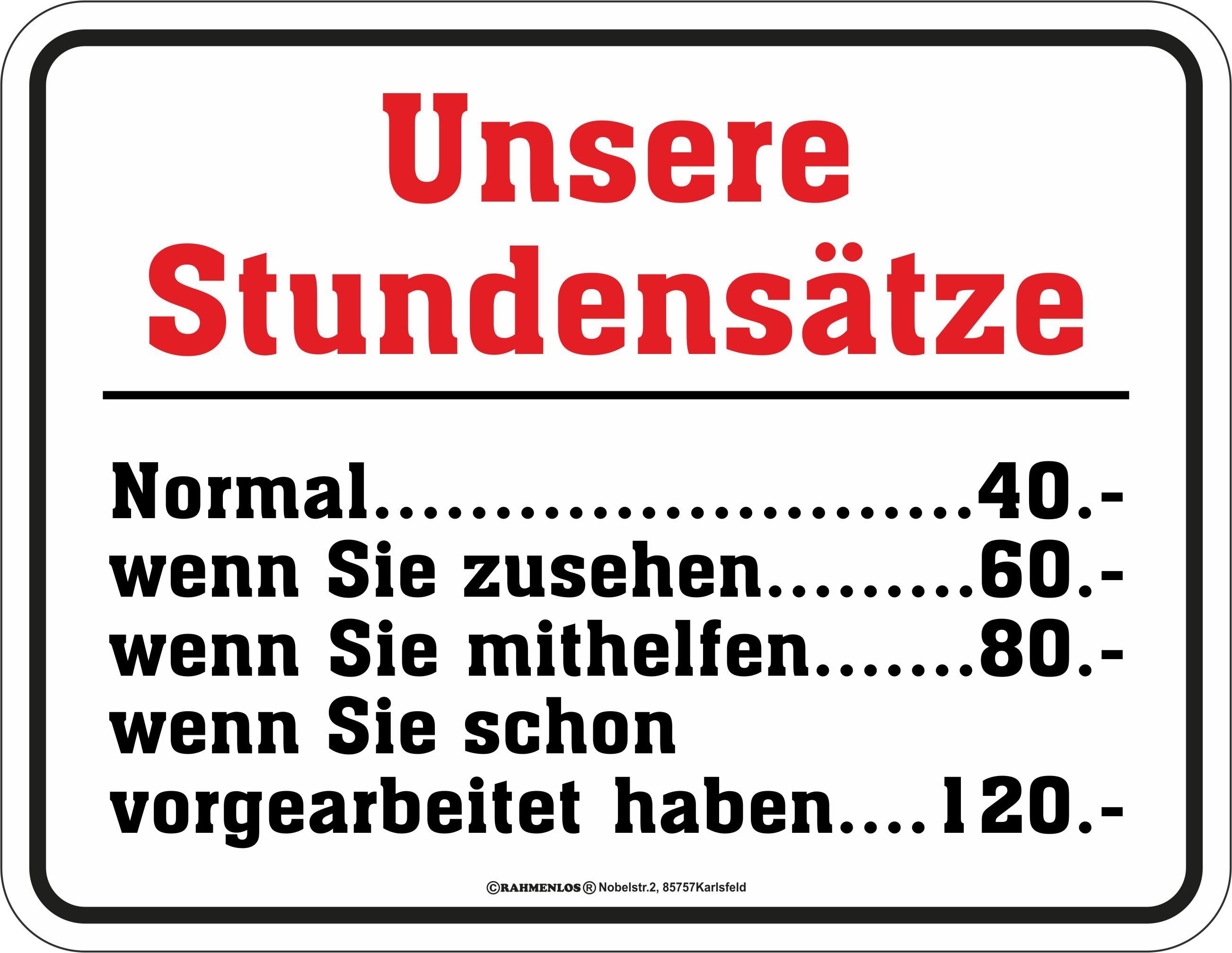 RAHMENLOS® Metallschild für den Handwerker: Unsere Stundensätze