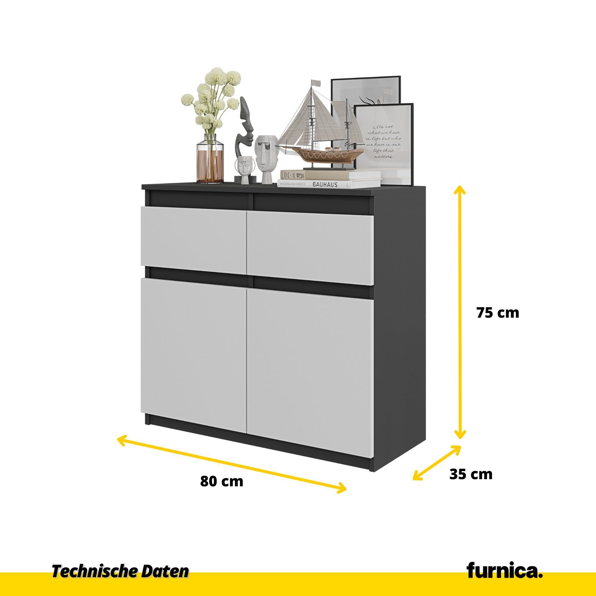 Furnica Kommode NOAH 2 Schubladen und 2 Türen - Anthrazit Grau H75cm B80cm T35cm