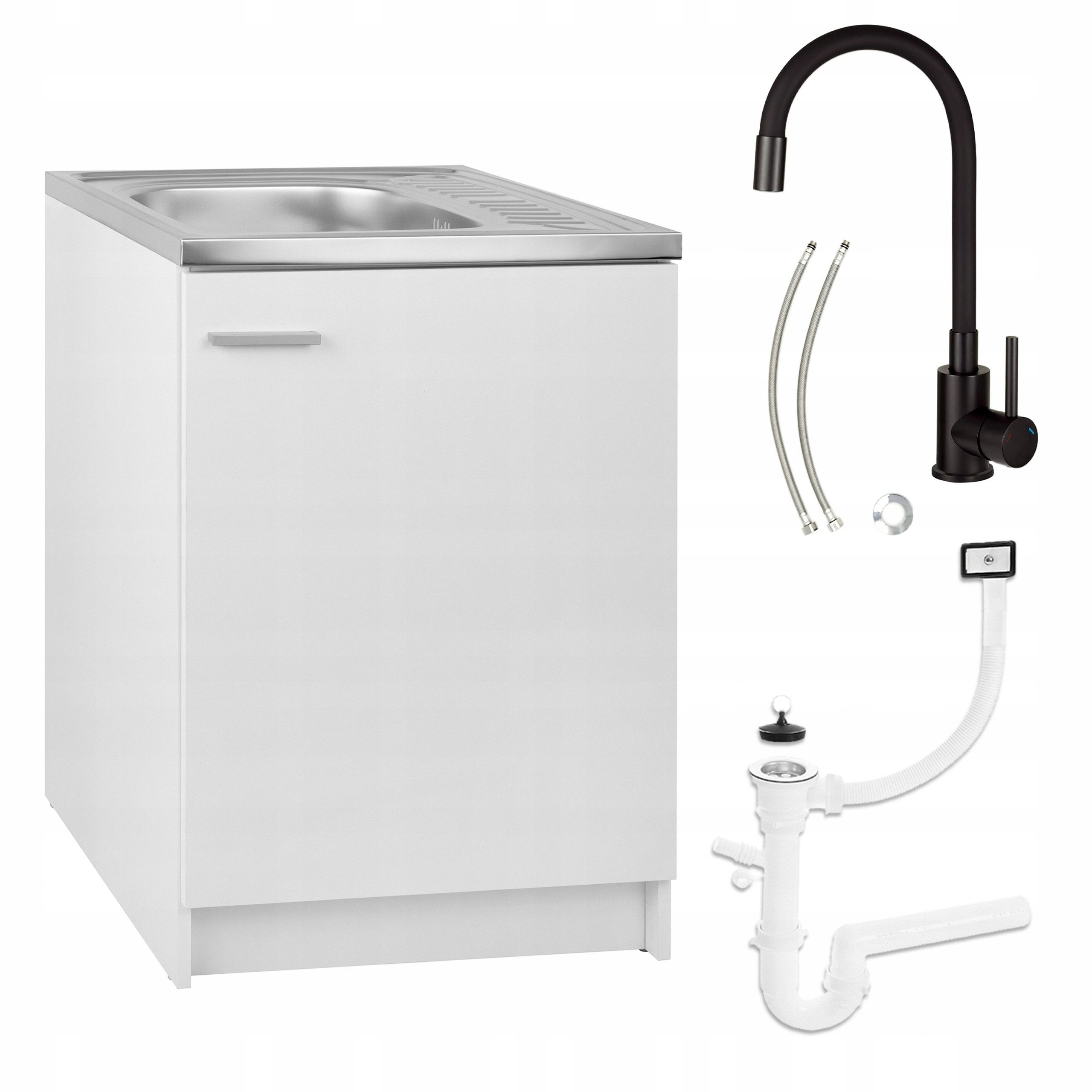 STAMAR Spülenschrank Komplettset Slim 60cm Weiß Spüle Edelstahl Armatur Deante Schwarz Unterschrank stehend 1 Tür 60x50cm Flexarmatur elastisch Siphon Set