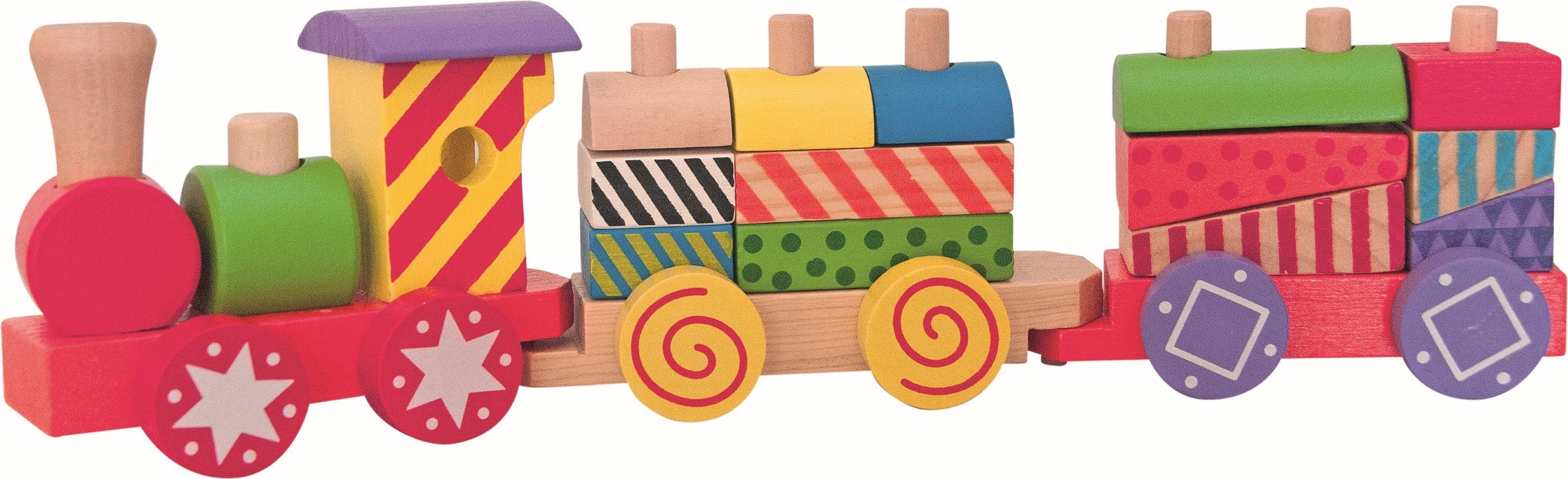 Woodyland Lernspielzeug 91122 Holzzug mit bunten Holzbausteinen in diversen Formen - 17 teilig