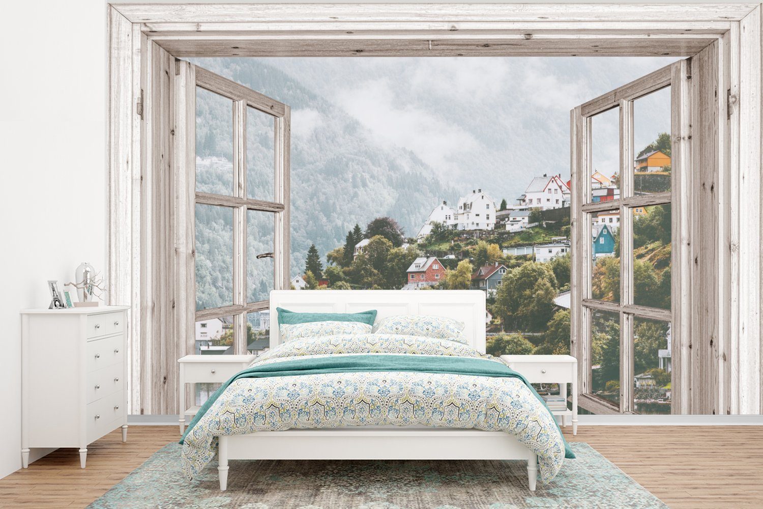 MuchoWow Fototapete Aussicht - Norwegen - Gebirge, Matt, bedruckt, (6 St), Wallpaper für Wohnzimmer, Schlafzimmer, Kinderzimmer, Vinyl Tapete
