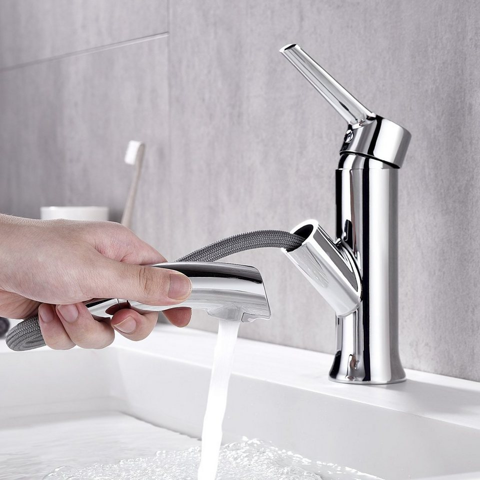 Auralum Waschtischarmatur Ausziehbar Wasserhahn mit Brause Einhand  Mischbatterie für Bad, 360°