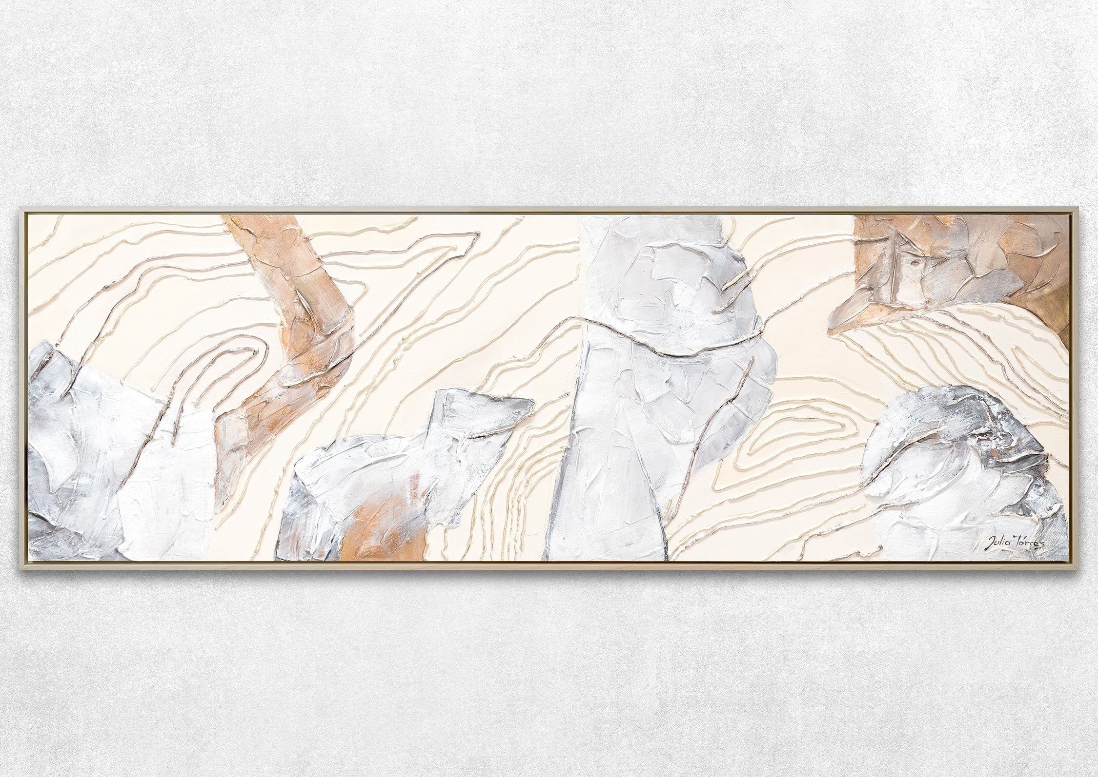 Gemälde Rahmen Braun Streifen Abstrakte YS-Art Beige Bild Mit Handgemalt Bilder, in Abstraktes Weiß Beige Sinfonie, Leinwand