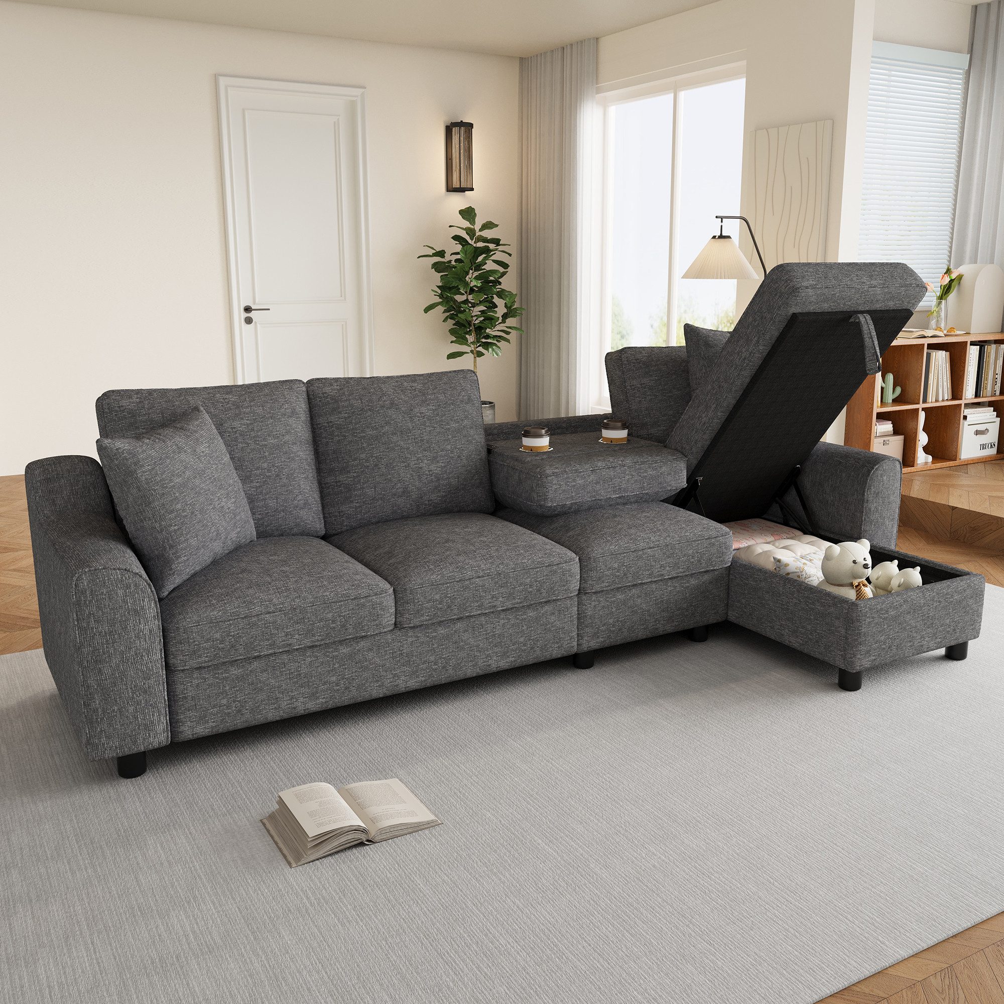 Flieks Ecksofa L-Form Sofa mit Bettkasten, klappbare Rückenlehne mit Getränkehaltern, 280×136×82 cm 1 Teile, multifunktionales modulares Sofa 4-Sitzer Schlafsofa Chenille Grau