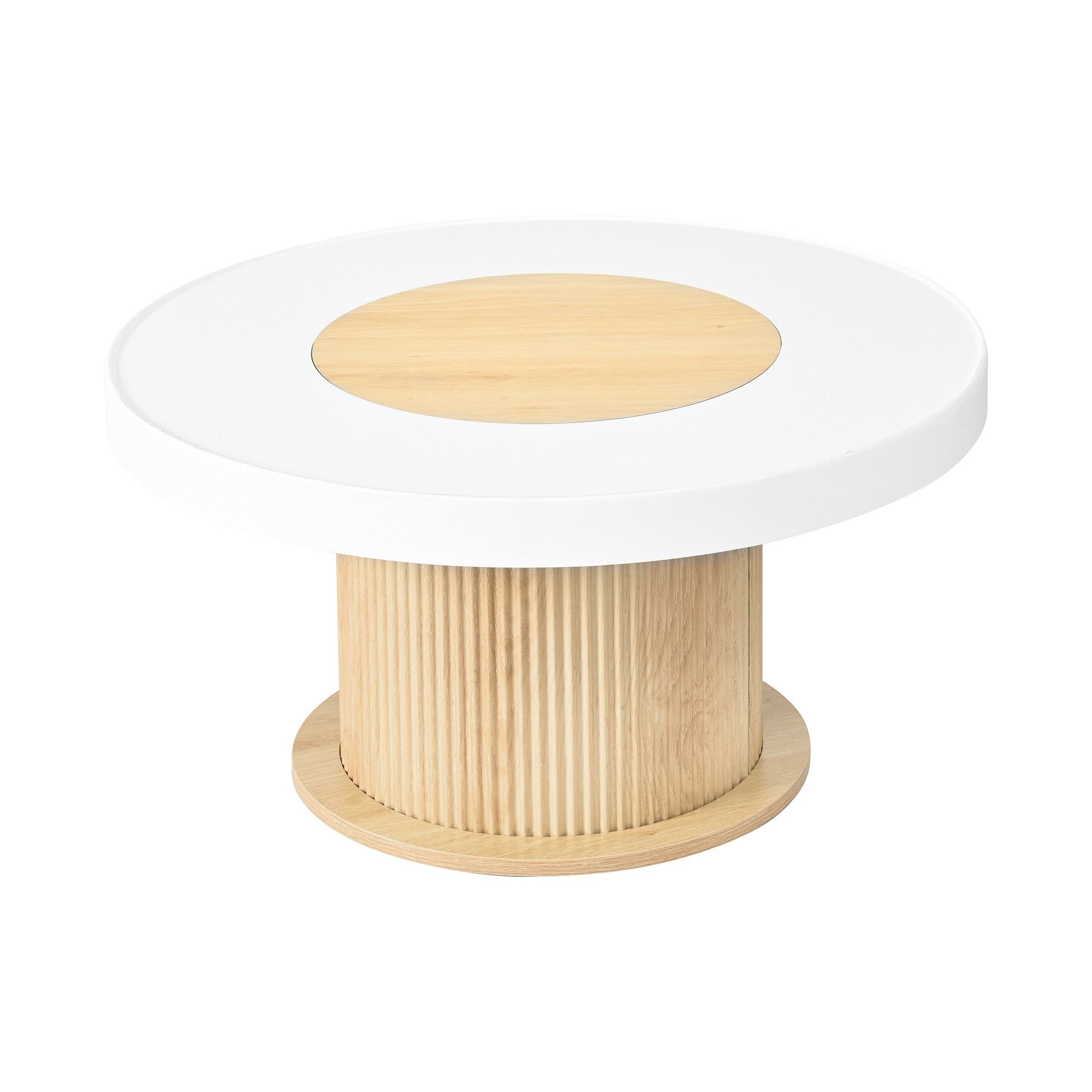 KLAM HOME Couchtisch Runder Couchtisch zweifarbig Weiß-Holzoptik, geriffelter Zylinderfuß (Stabiler Wohnzimmertisch aus MDF & PVC mit rundem Ablageblatt), Kompakter Beistelltisch 75x75x39cm mit kippsicherem Rundsockel