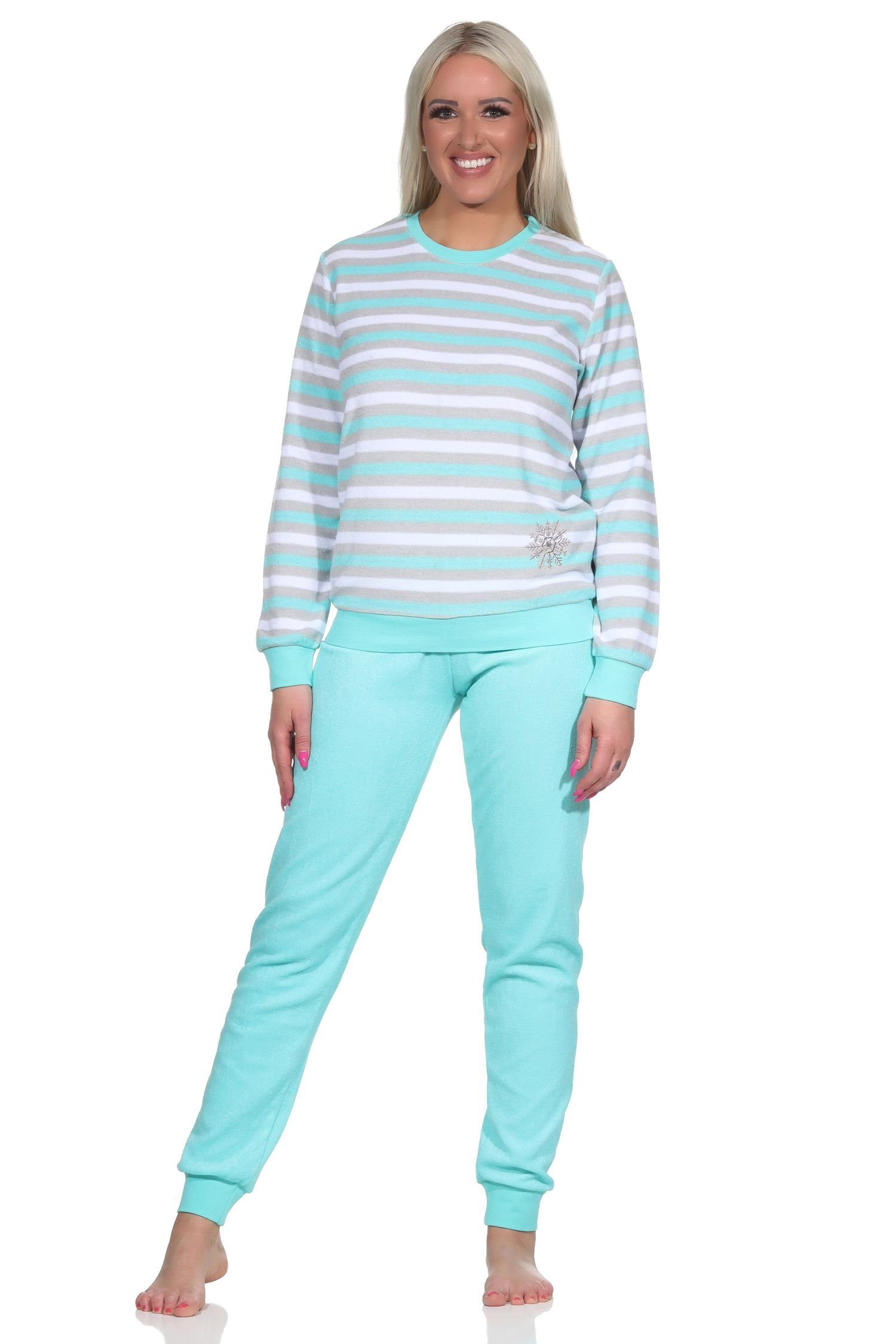 Normann Pyjama Damen Frottee Schlafanzug Pyjama in Ringel-Optik + Eiskristall-Motiv