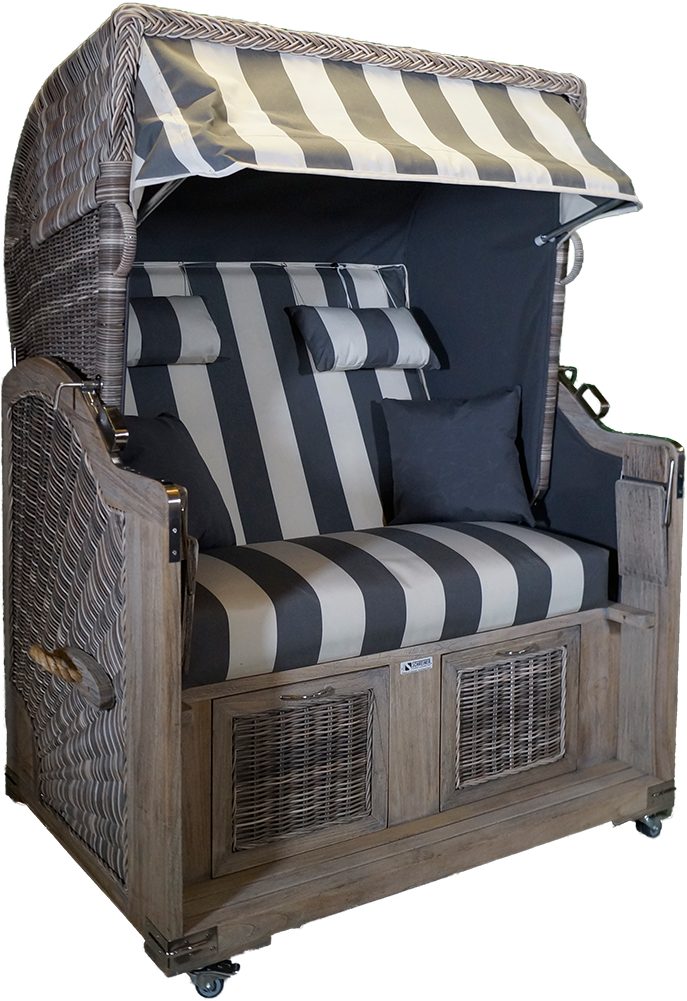 Strandkorb Strandkorb Teak Grey Washed grau/cremeweiß 2 Sitzer Voll-Liegemodell