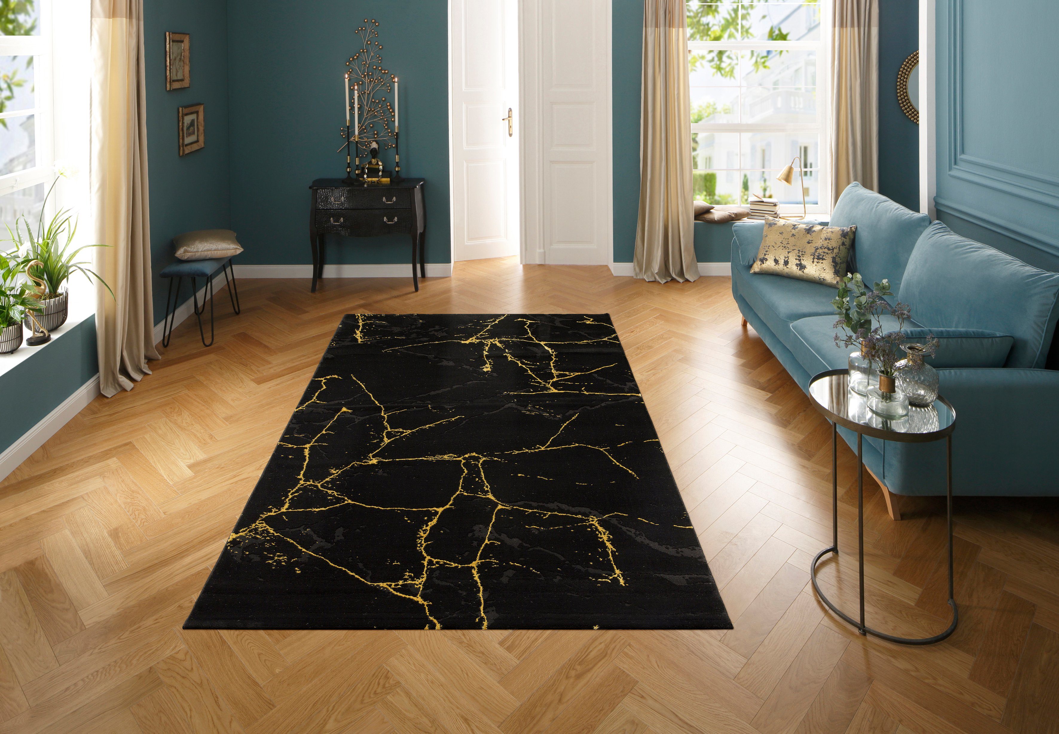 Teppich Juliet, Leonique, rechteckig, Höhe: 12 mm, modernes Marmor-Design, Kurzflor, pflegeleicht, weich black-gold | Kurzflor-Teppiche