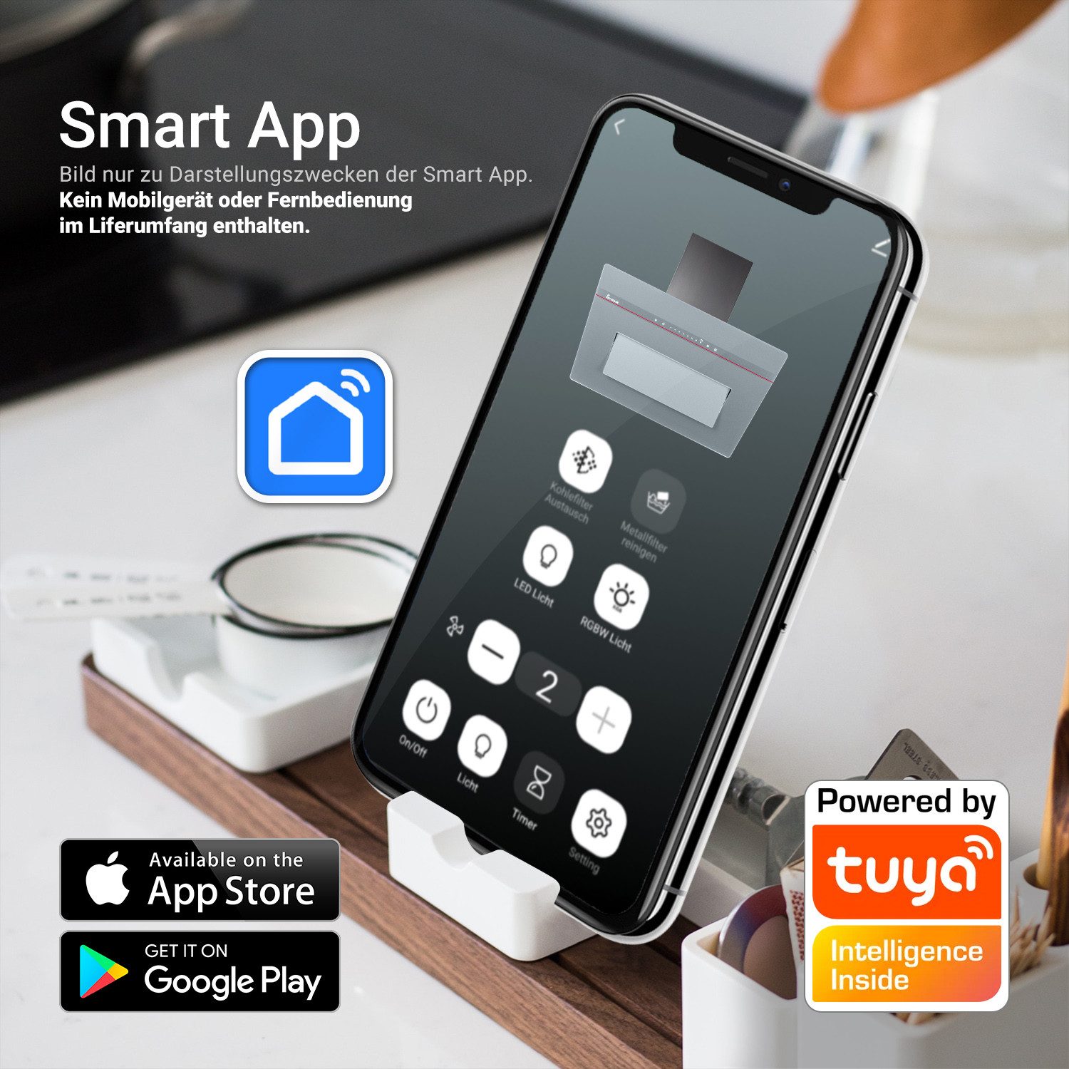 KKT KOLBE Wandhaube Dunstabzugshaube 80cm PLOOM8005G RGBW Ambientebeleuchtung Dunstabzugshaube 80cm PLOOM8005G RGBW Ambientebeleuchtung, Kopffrei / 80cm / Smarte WiFi-App / Grau / Glas / Schräghaube