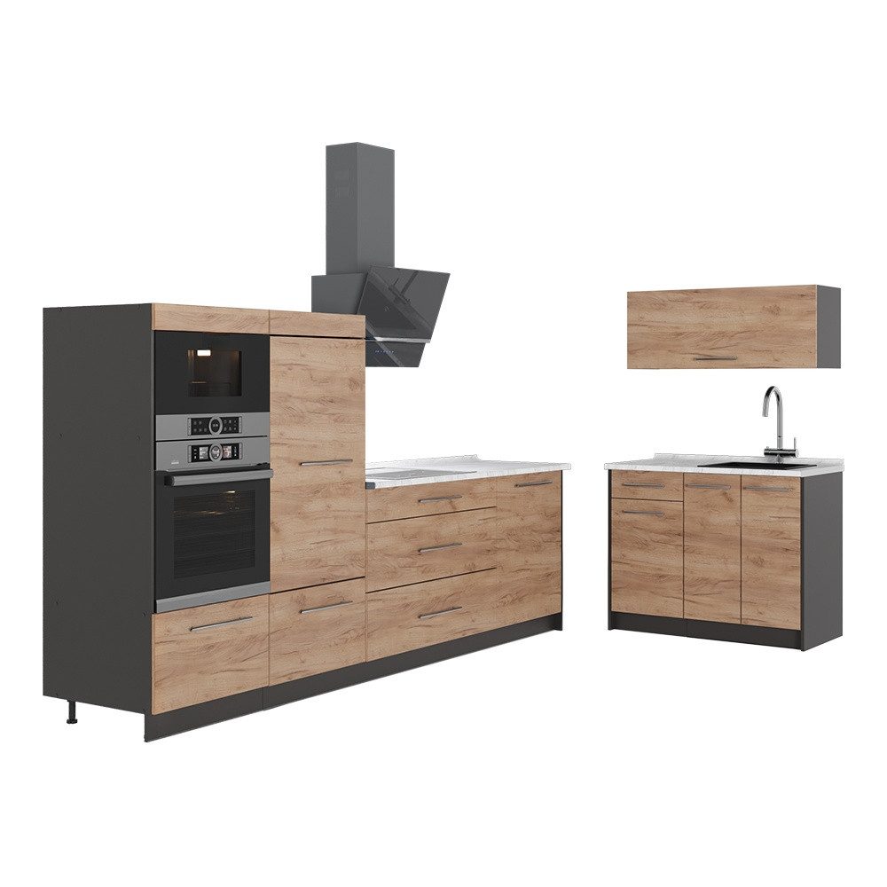 Vicco Küchenzeile Fame-Line, Goldkraft Eiche/Anthrazit, 380 cm, AP Marmor