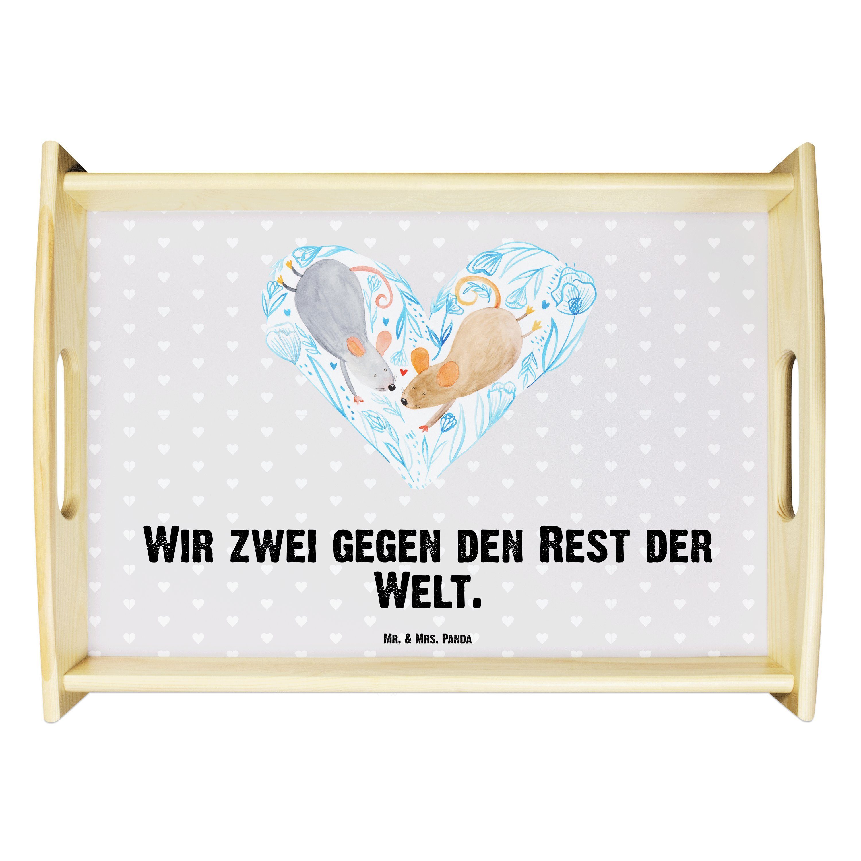 Mr. & Mrs. Panda Tablett Mäuse Herz - Grau Pastell - Geschenk, Liebe, Lieblingsmensch, Küchent, Echtholz lasiert, (1-tlg)