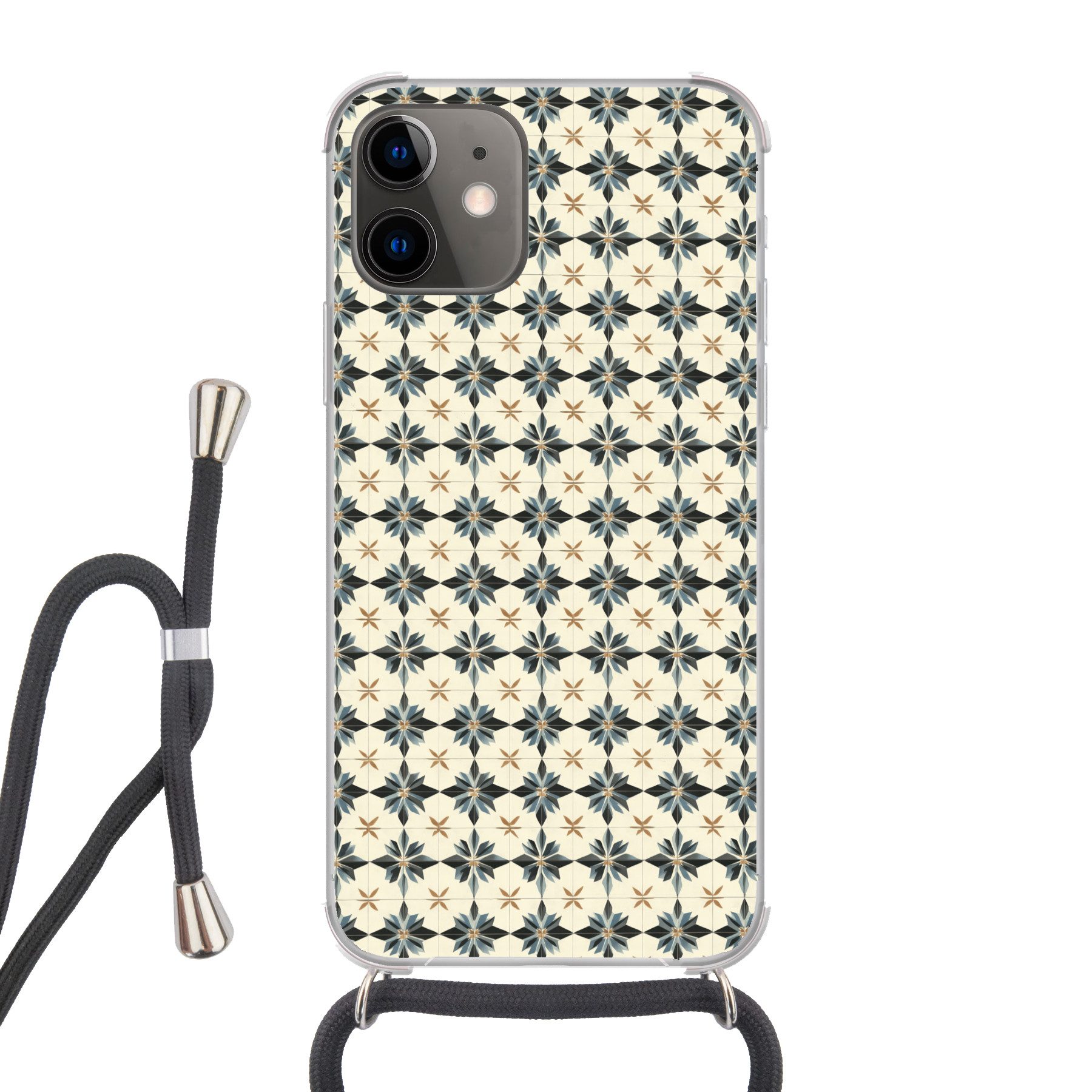 MuchoWow Handyhülle für Apple iPhone 12 Ornamental - Ornament - Blau, Tragbare Handyhüllen mit Kette zum umhängen, Handykette Handyband