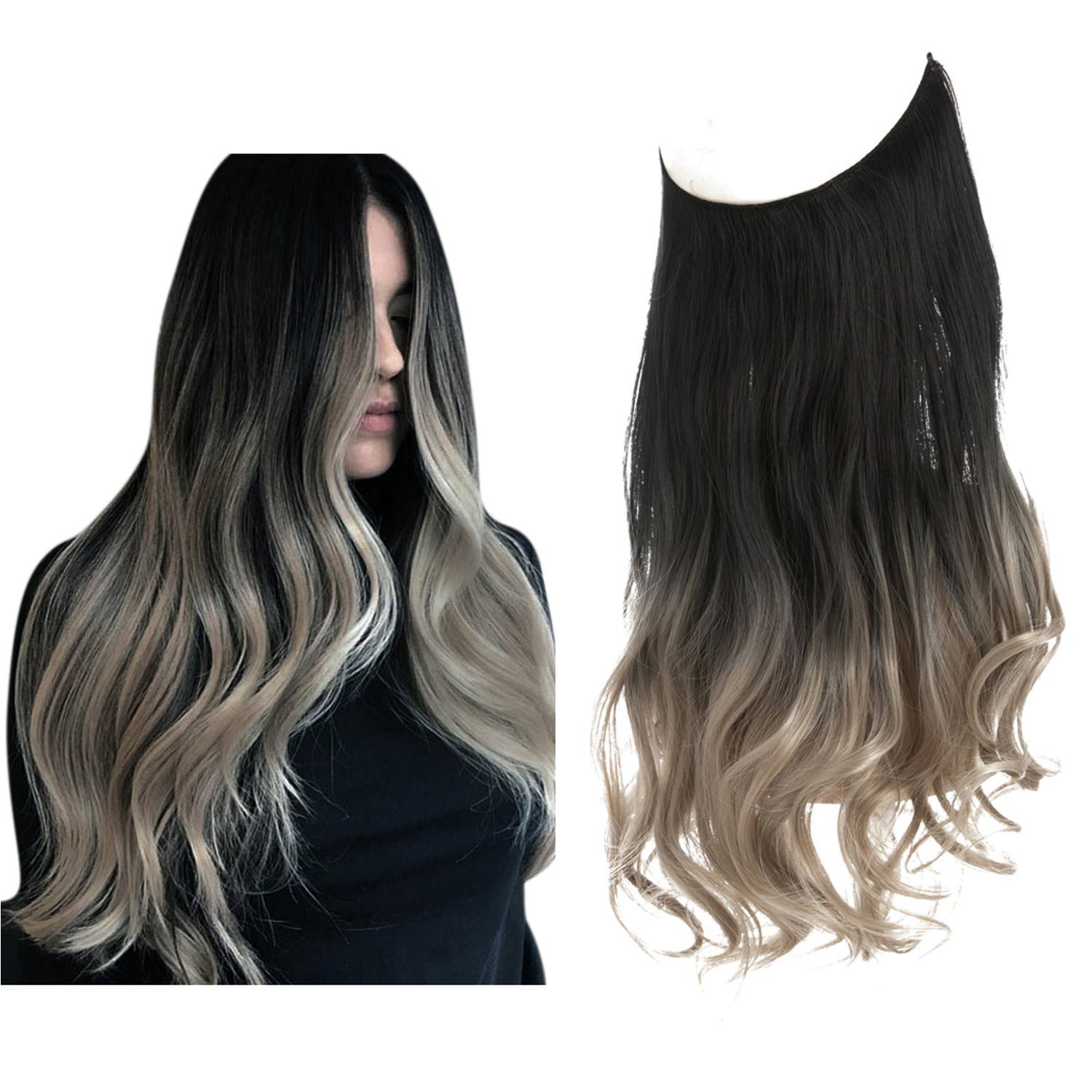 Refttenw Kunsthaar-Extension Frauen Lange Lockige Gewellte Haarverlängerungen, 45/55 cm Verstellbare Lange Gewellte Perücken -Schwarz mit Graublond