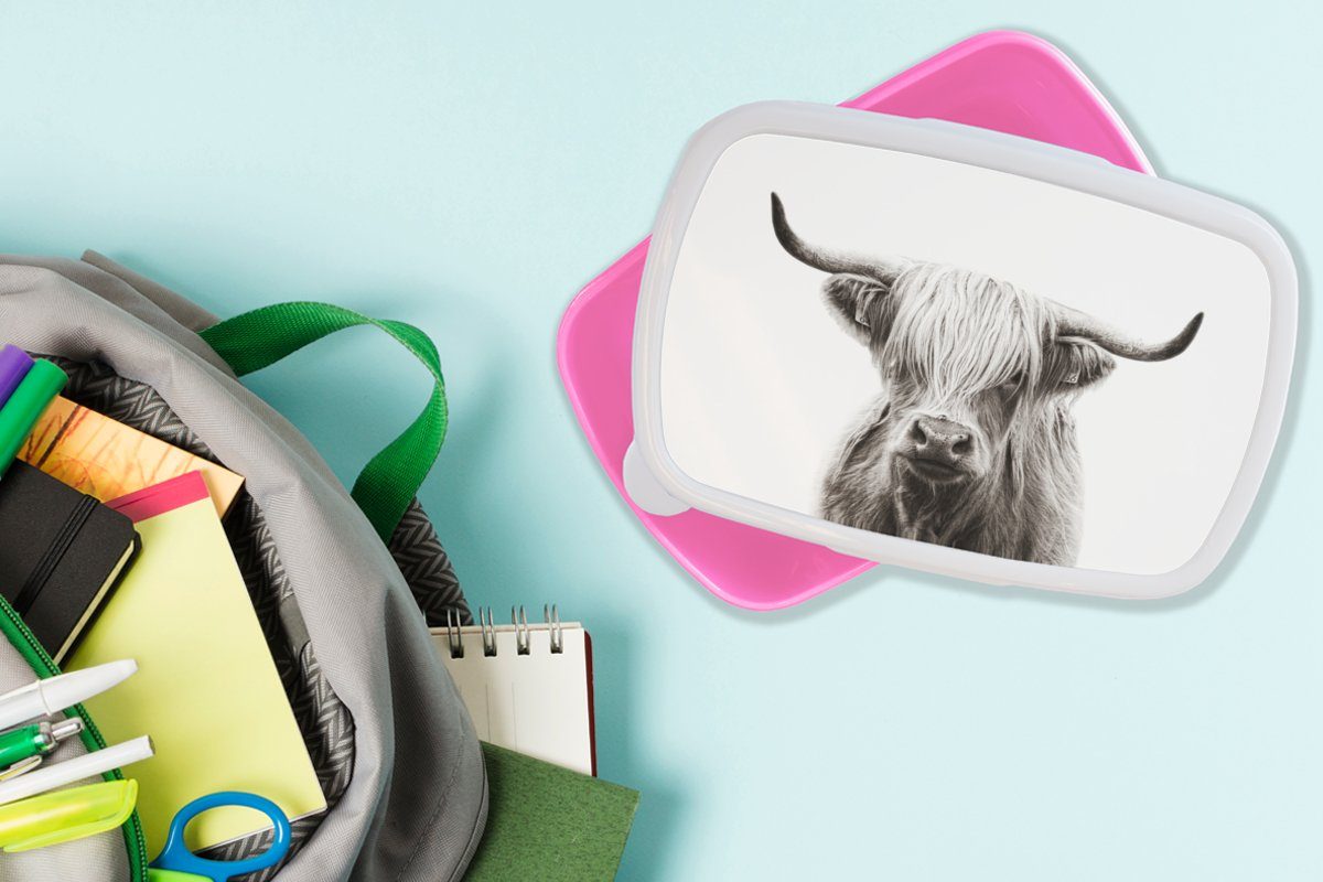 Schottischer Mädchen, (2-tlg), - - Kuh Snackbox, - Highlander Weiß, Kunststoff rosa Brotdose Erwachsene, Kunststoff, Schwarz MuchoWow Lunchbox Brotbox für Kinder,