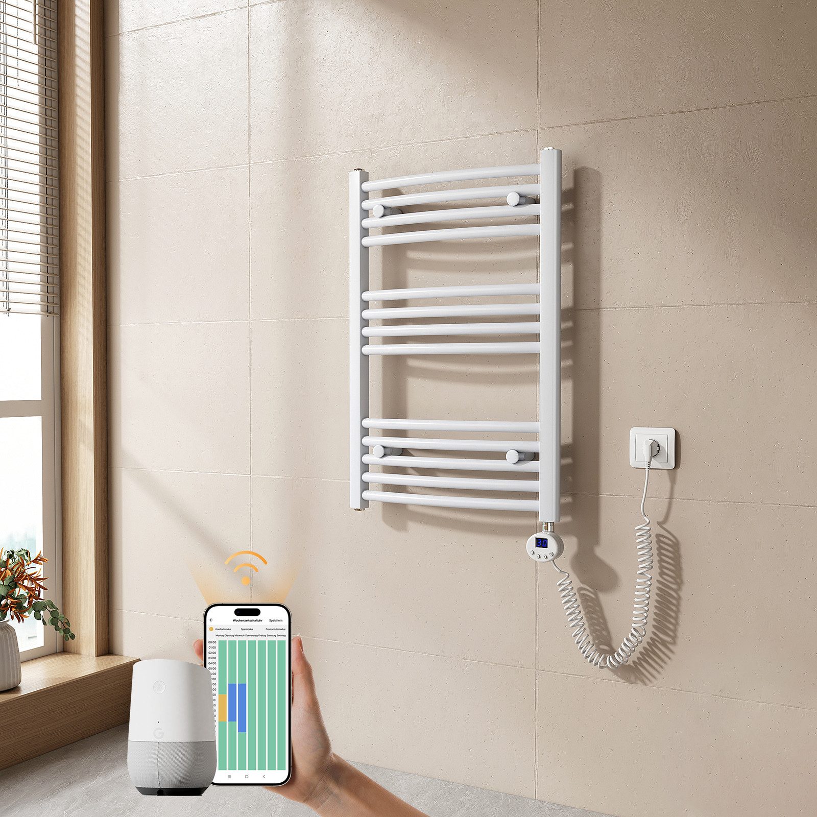 EMKE Elektrischer Badheizkörper mit Wifi APP Steuerung Thermostat Höhe: 120, 500/600W, 4 Heizmodi, 7-Tage-Timer, Boost & Frostschutz Gebogener Handtuchwärmer