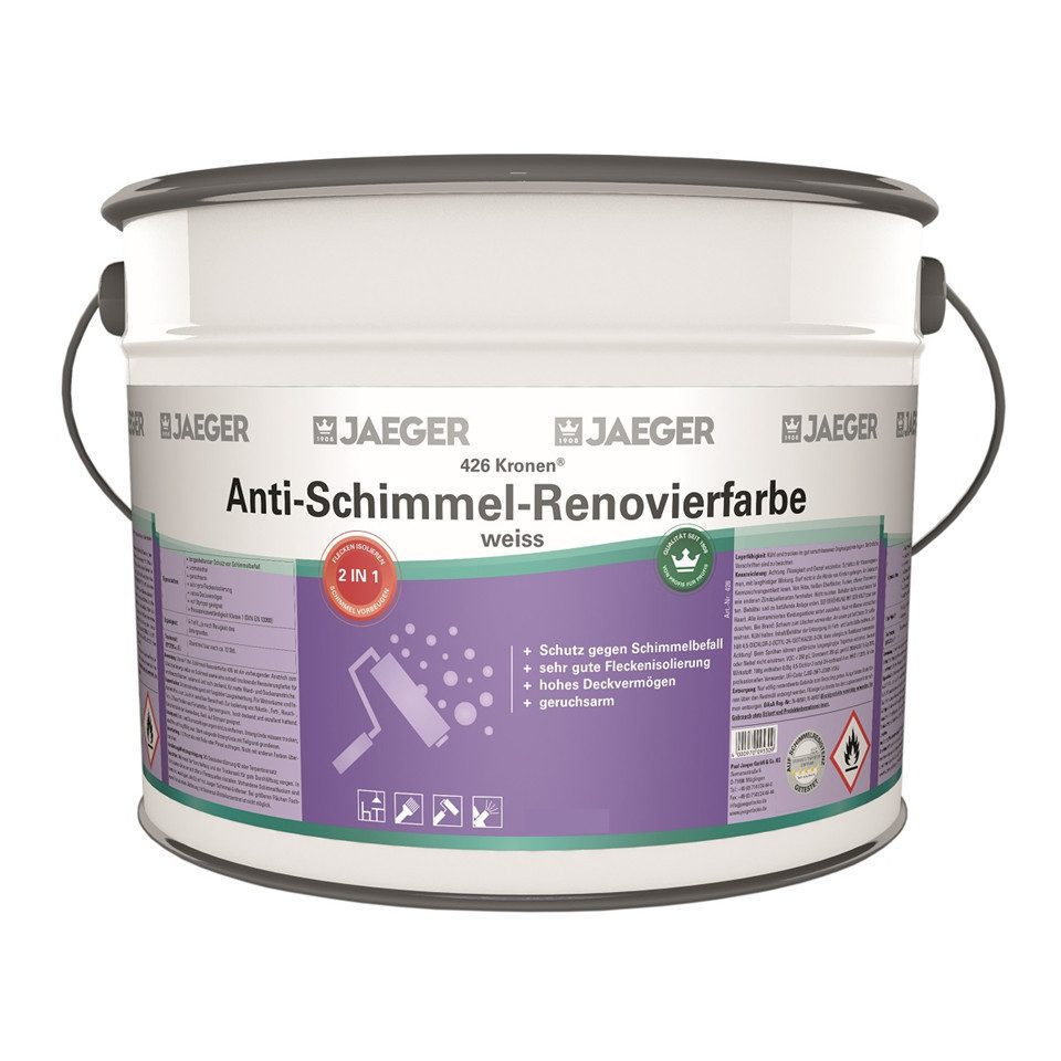 Jaegerlacke Wand- und Deckenfarbe Kronen® Anti-Schimmel-Renovierfarbe 426 Isolier- und Absperrfarbe, biozidfrei, geruchsarm, 2,5 Liter